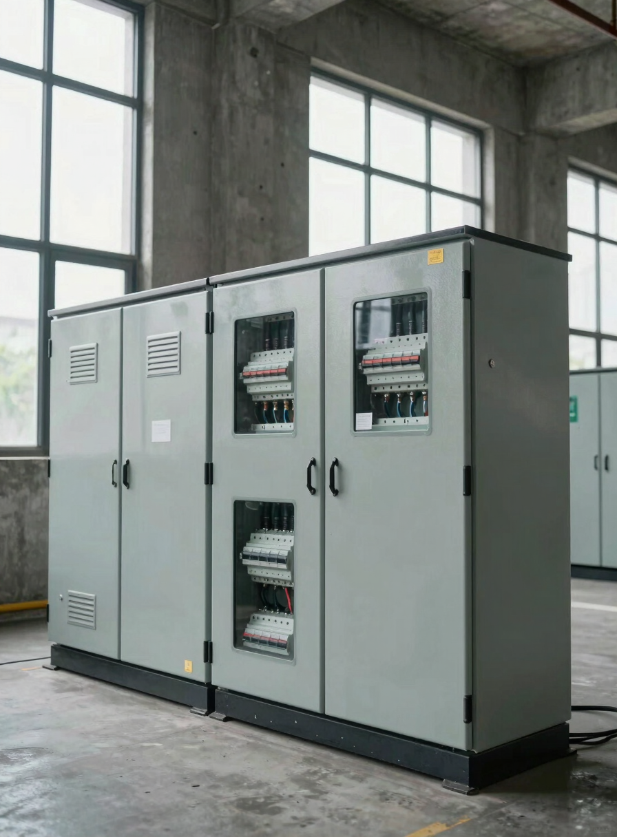 Environmental wide shot of an installed electrical distribution panel inside a concrete industrial building, labelled breakers visible, overcast daylight through a high window, documentary framing showing the system in its real context