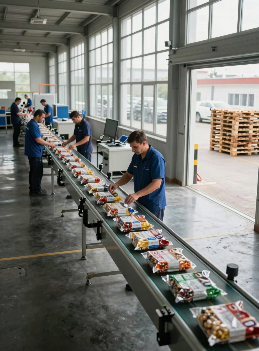 Wide shot of a Turkish FMCG factory production line, packaged goods moving along a conveyor under large industrial windows, natural daylight streaming across the line, workers in context checking quality at the belt edge — left third of frame is factory floor, right third opens to a glimpse of a loaded pallet ready for dispatch