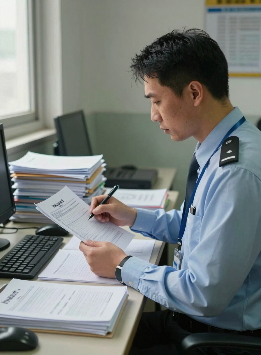 Medium shot of a trade compliance officer at a customs checkpoint reviewing stamped hazmat documentation under diffused natural light, stacked industrial dossiers and a regulatory binder visible on the desk beside him, muted office interior