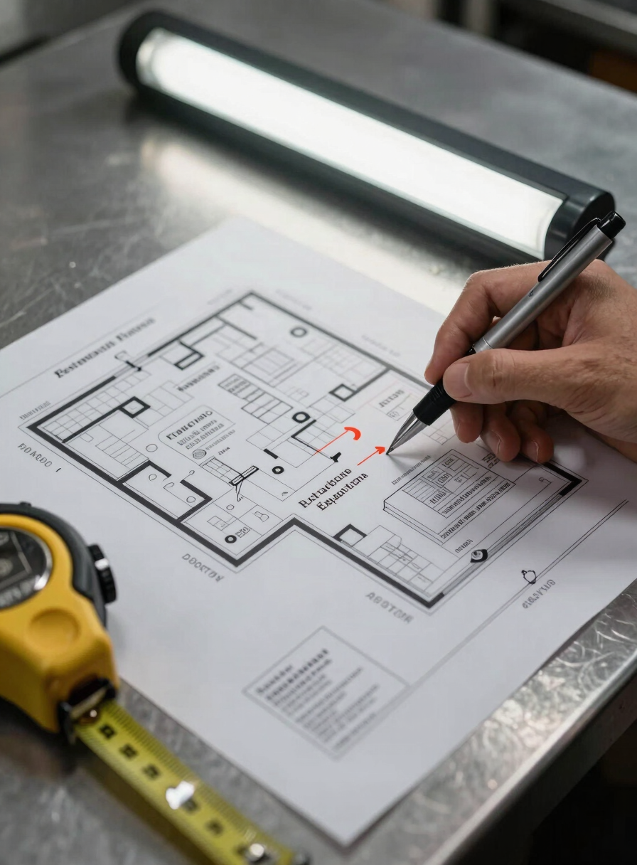 Close-up overhead shot of a printed restaurant floor plan spread on a steel worktable, a hand holding a technical pen pointing to the kitchen extraction zone, fluorescent overhead light, measuring tape partially unrolled beside the plan, no people visible except the hand