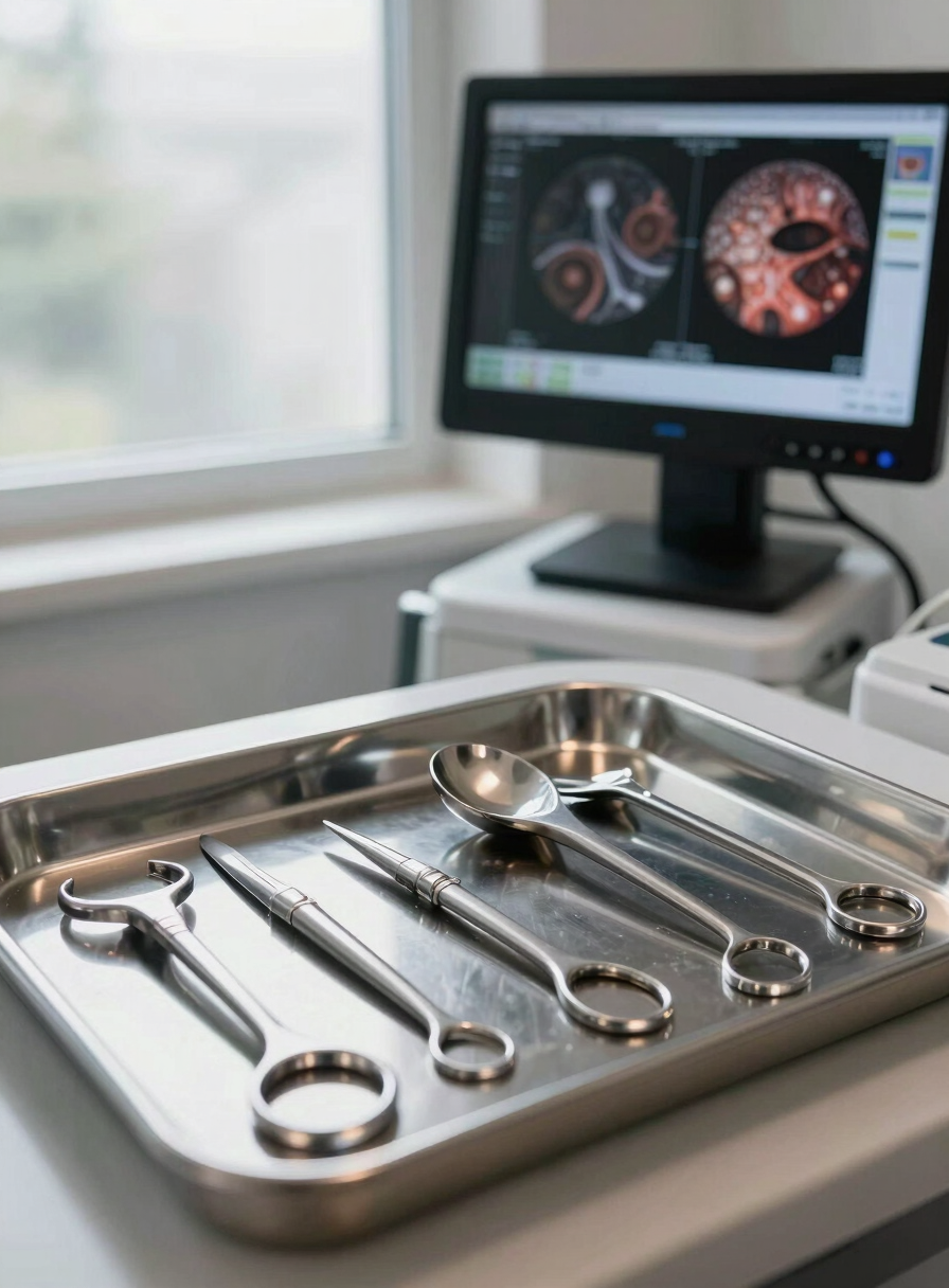 Wide environmental shot of a trichology treatment station: instruments laid out on a stainless tray, a diagnostic monitor showing follicle imaging in the background, north-facing daylight through frosted glass, no people, clinical precision