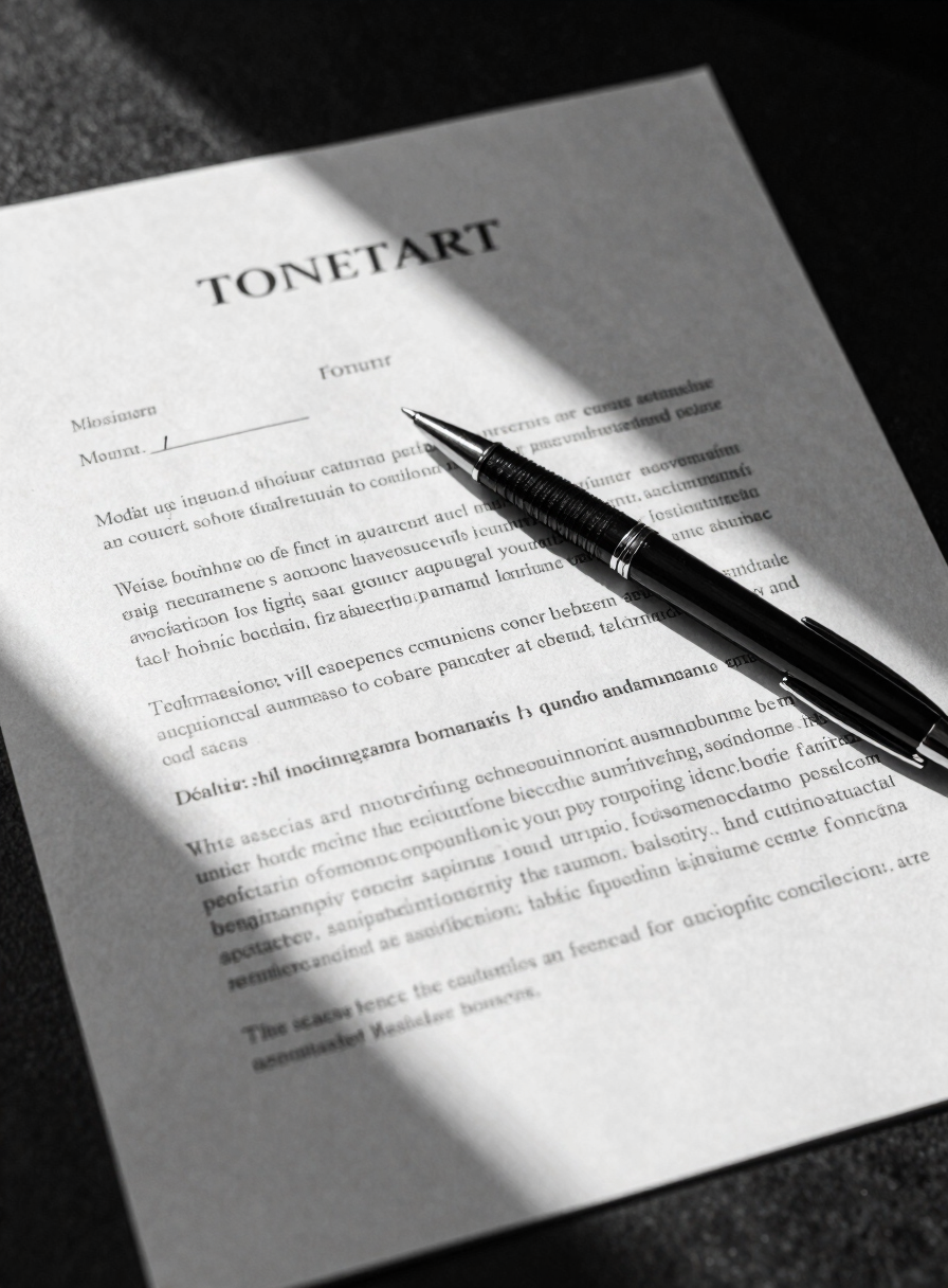 Close-up overhead shot of a signed legal contract on a dark desk, a pen resting diagonally across dense typed clauses, institutional daylight from the left casting sharp shadows on the paper surface, high contrast black and white