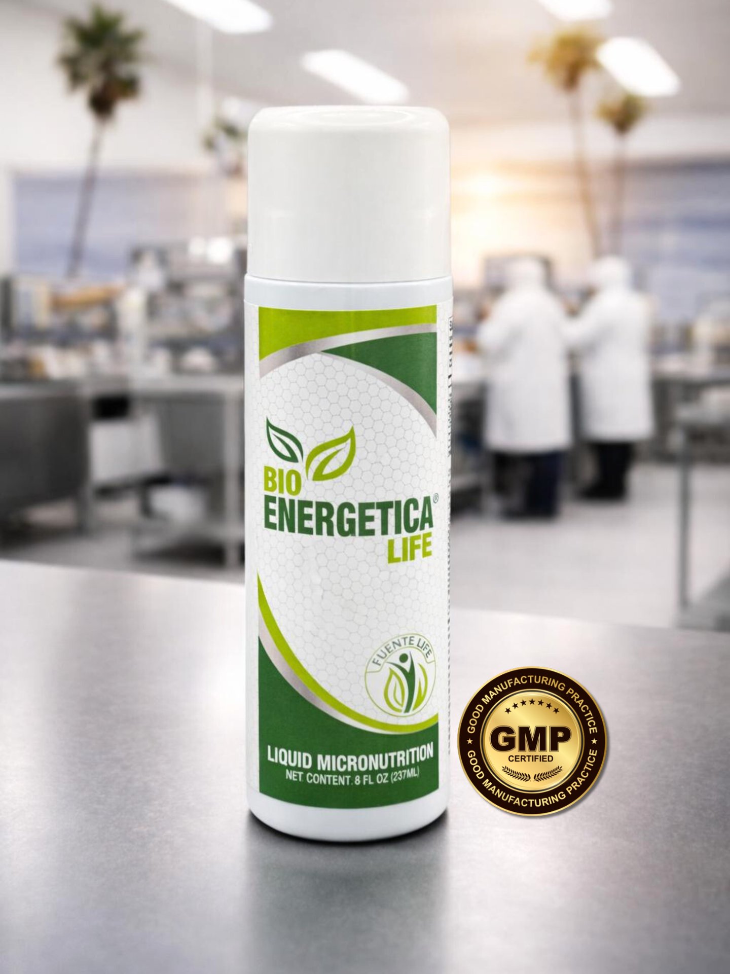 Bioenergetica Life liquid micronutrition bottle in laboratory setting with GMP certification badge
