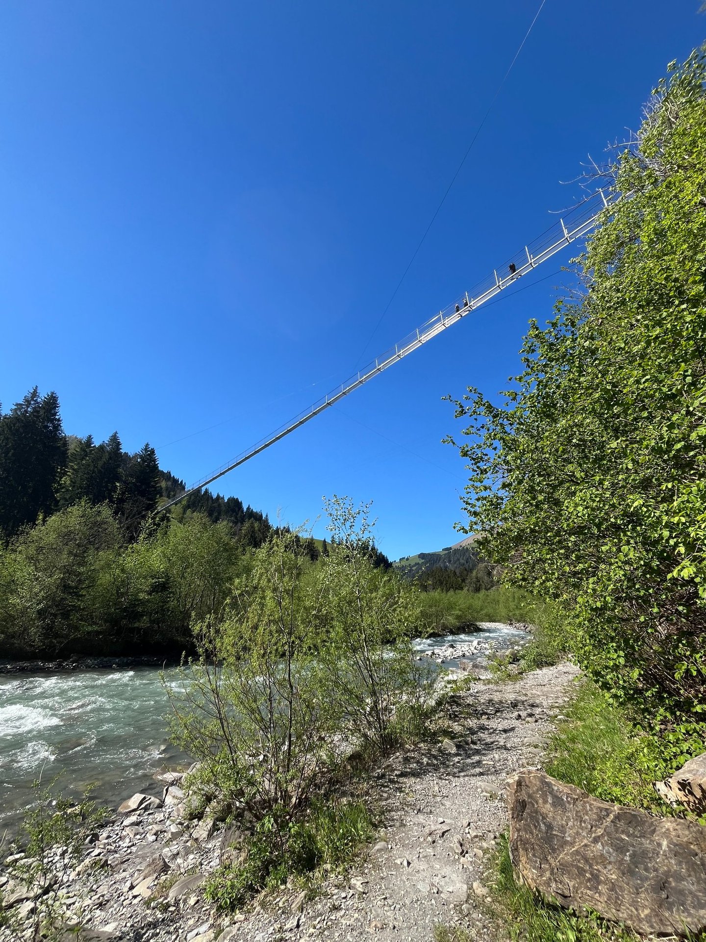 Looking up at Hangebrucke Hostalde over the Entschlige River in Frutigen Switzerland
