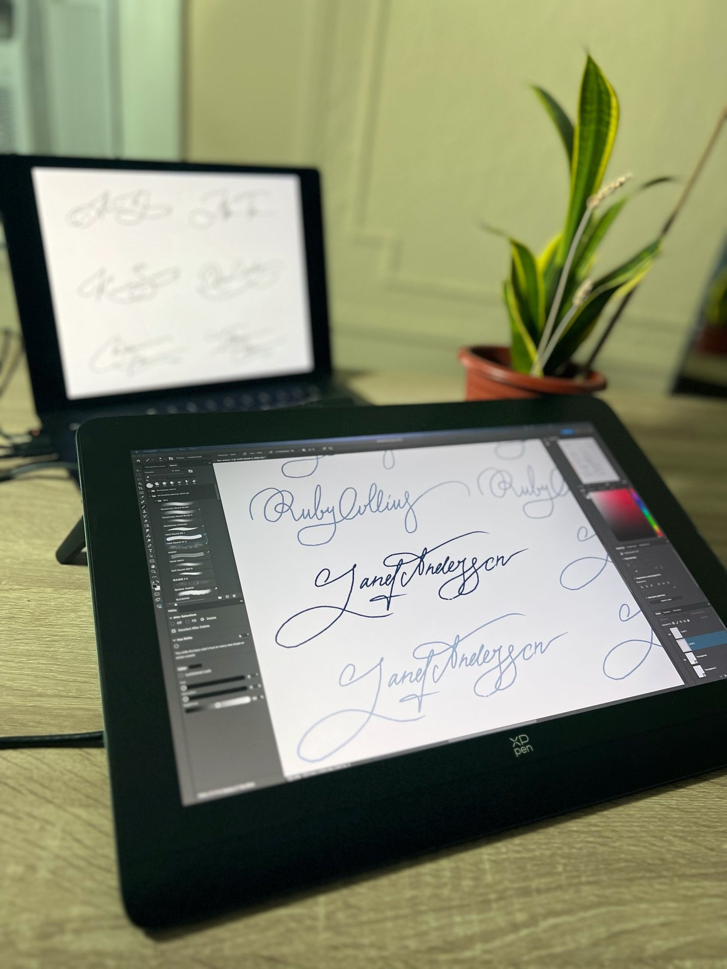 The process of signature creation at the desk of head calligrapher