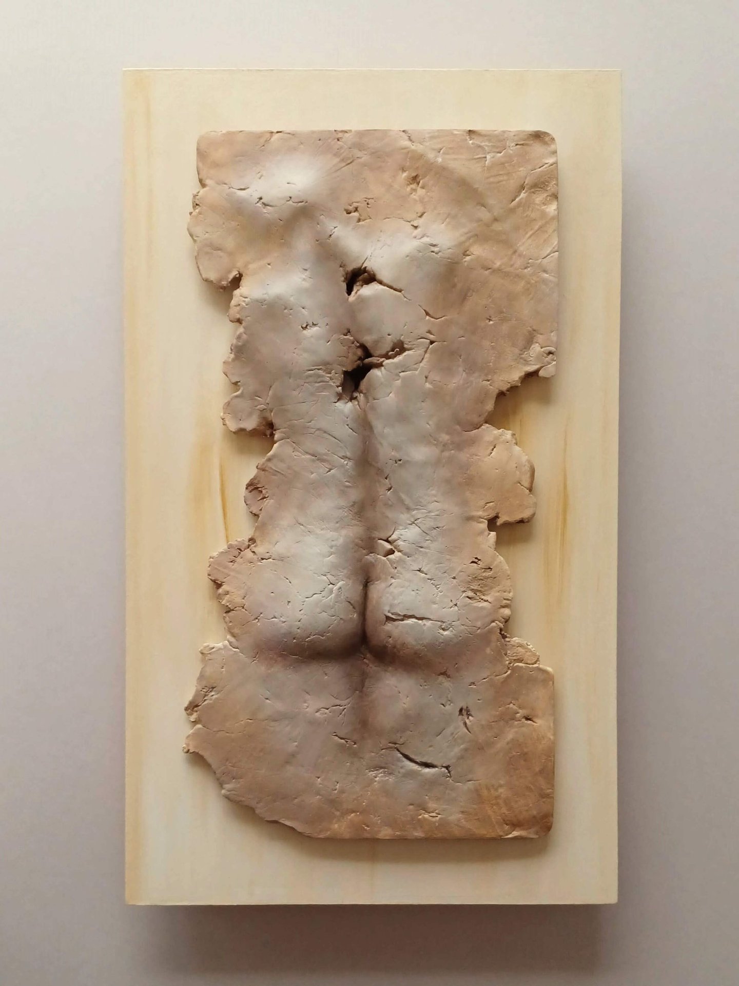 A relief sculpture of a fragmented female (rear view), painted warm browns