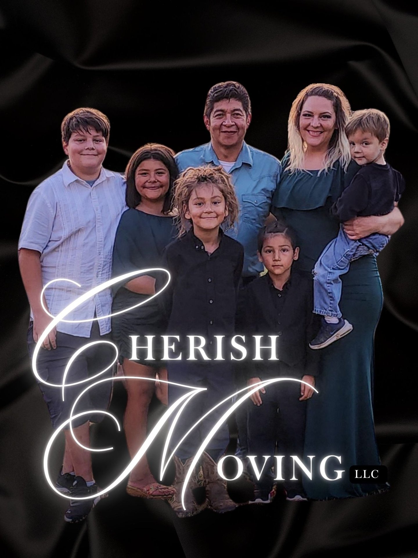 Text Reads Cherish Moving LLC image shows the owners family including mom, dad, and 5 children