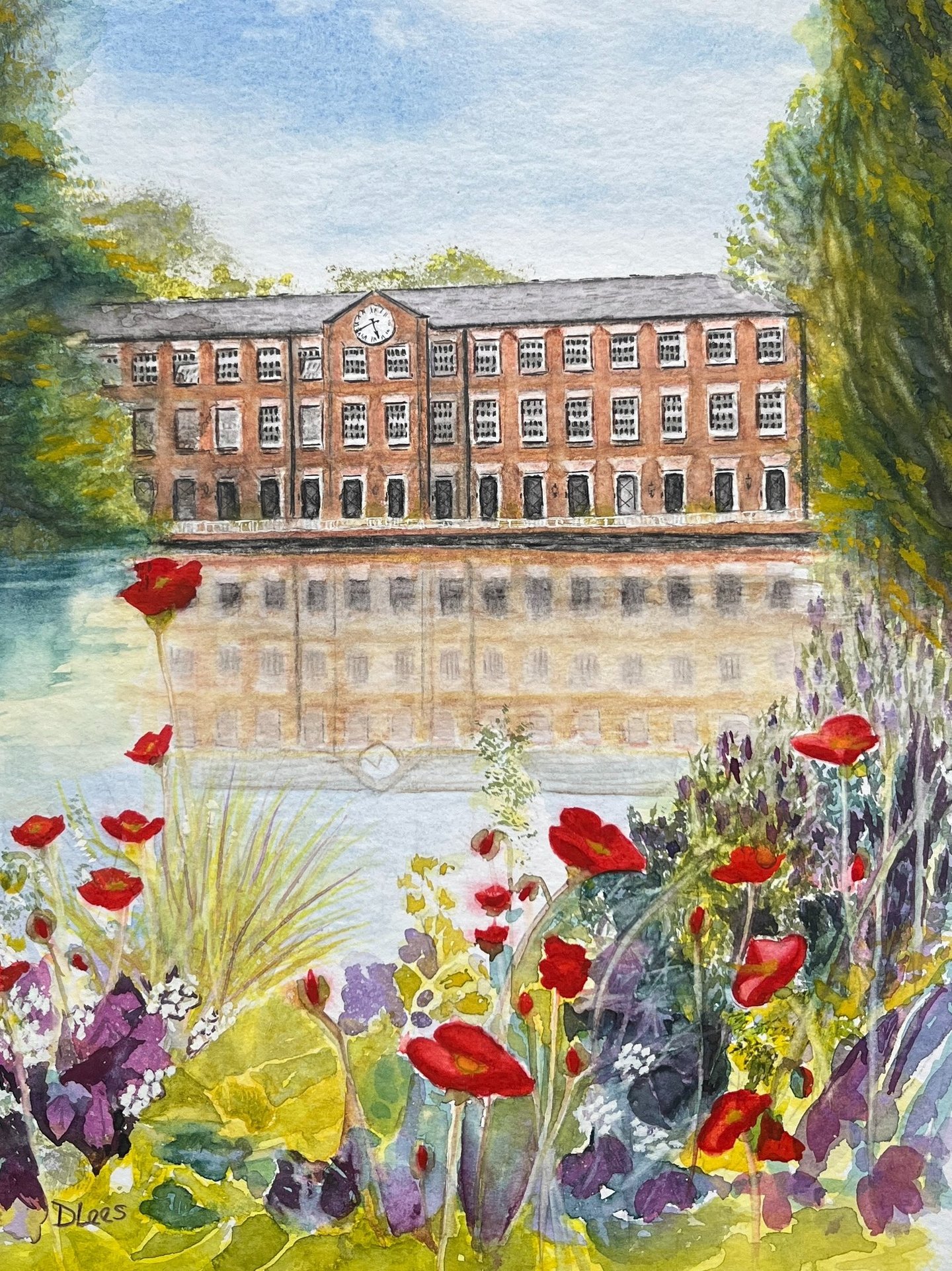 Ink pen and watercolour of Mill and pond