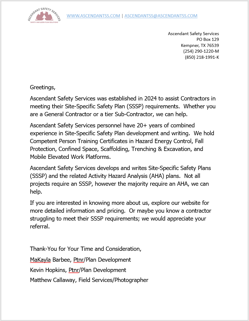 Ascendant Safety Services Introductory Letter