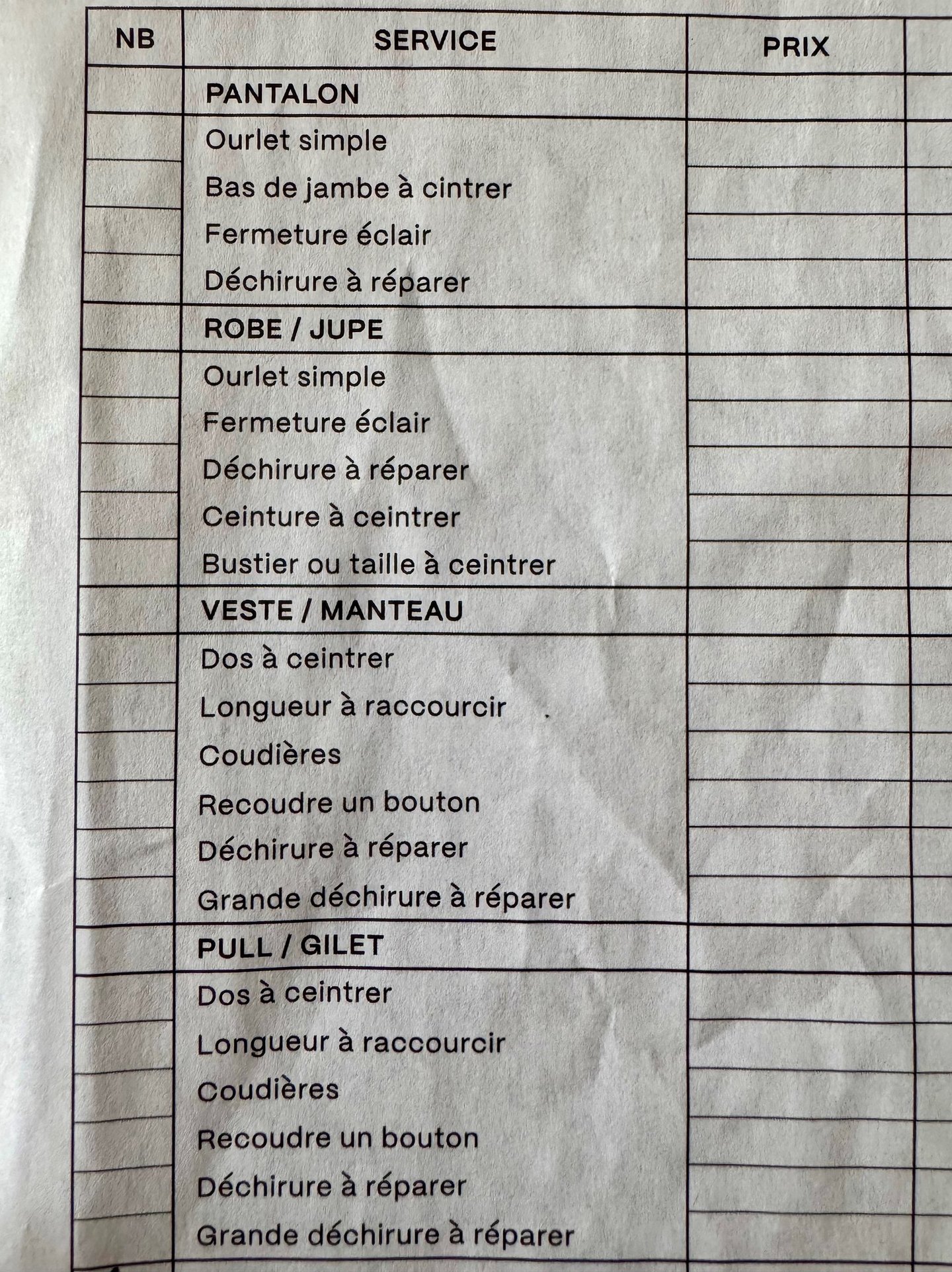 ticket d'un atelier de retouche avec la liste des prestations