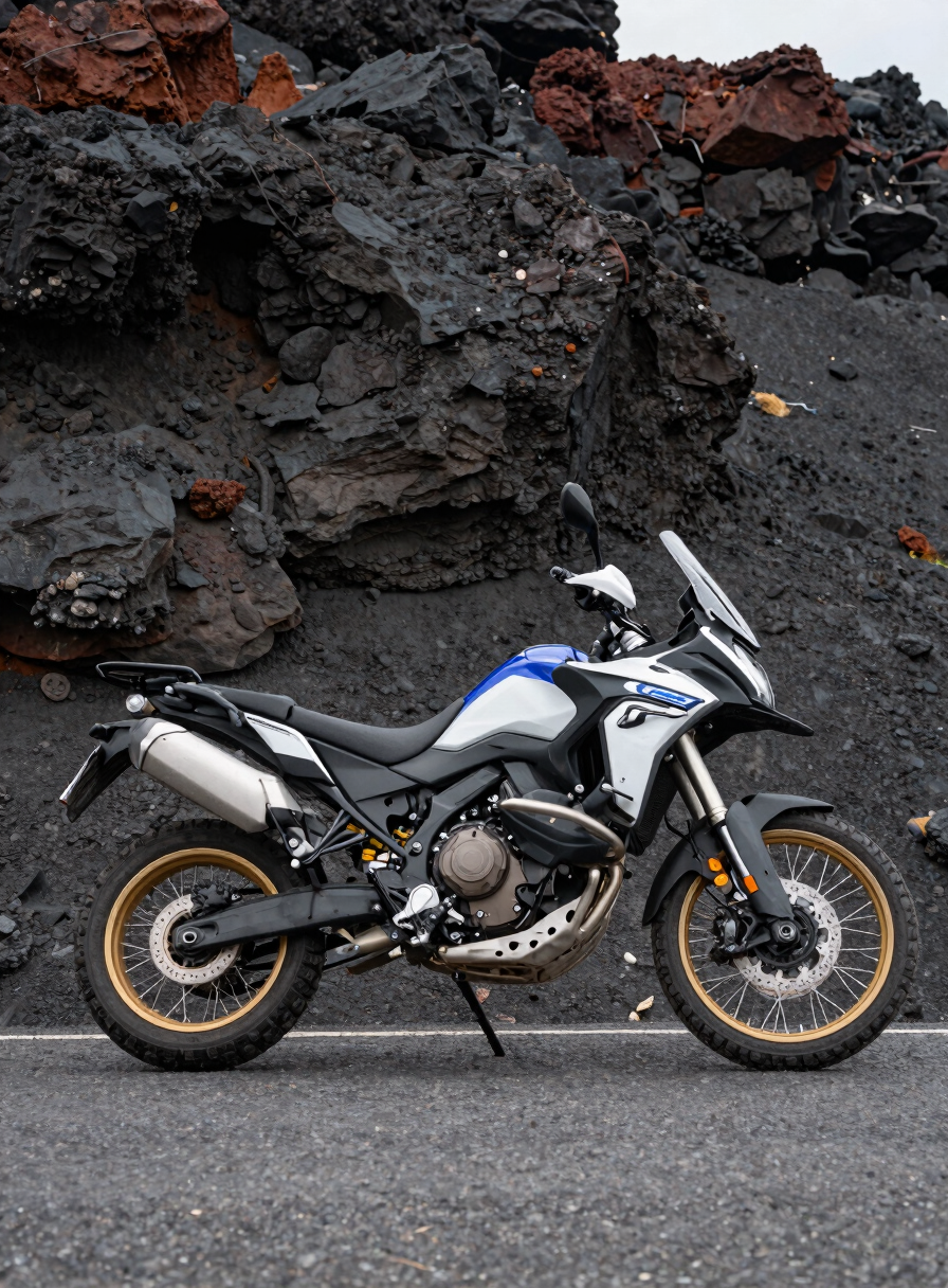 Low-angle side profile of an adventure motorcycle parked on a high-altitude Andean road, sharp volcanic rock face behind it, daylight raking across the tank and bodywork revealing every line and engineering detail