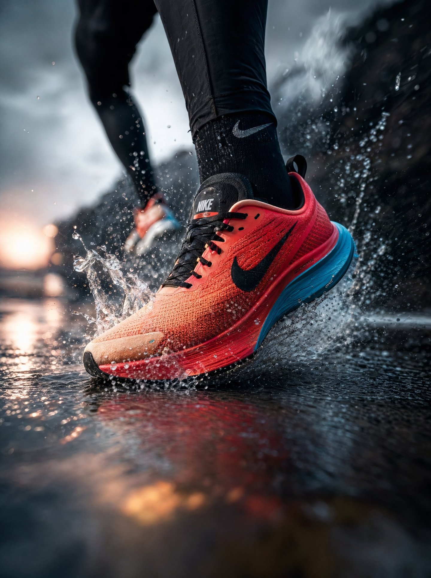 Nike running shoes splashing through water on a wet road at sunset during an outdoor workout.