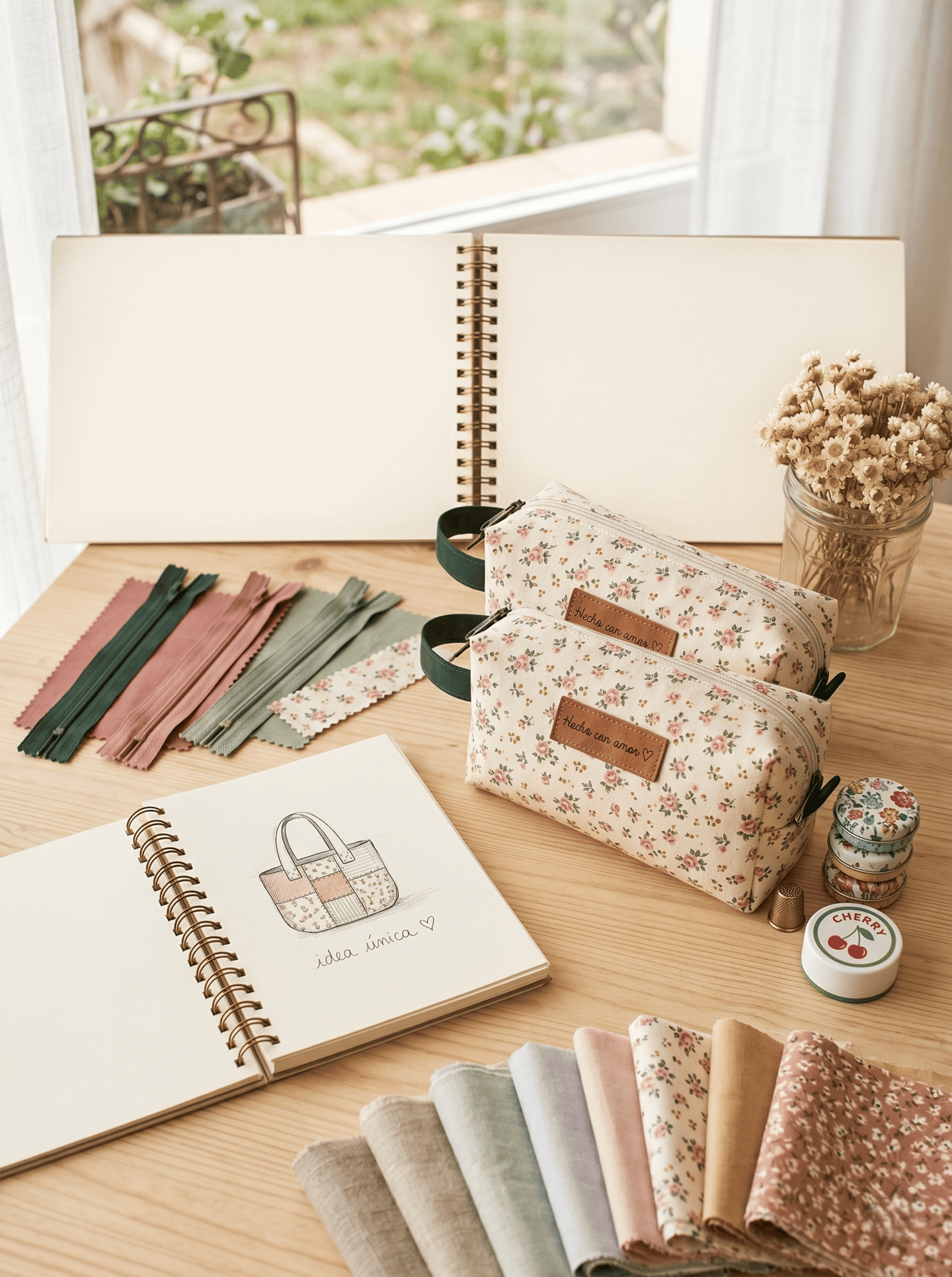 Floral handmade cosmetic bags on a wooden desk with sewing supplies, fabric swatches, and a design sketchbook.