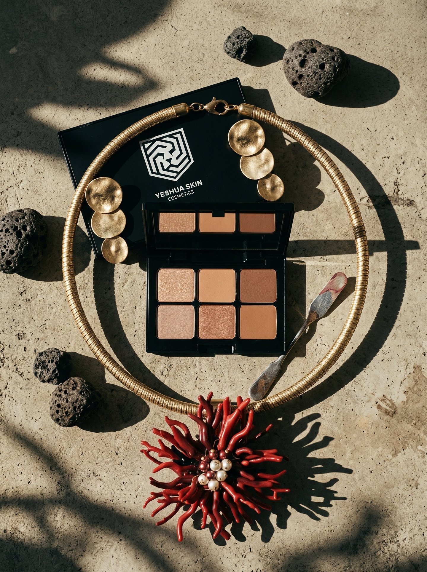 Yeshua Skin Cosmetics eyeshadow palette with gold jewelry and volcanic rocks on a stone surface.