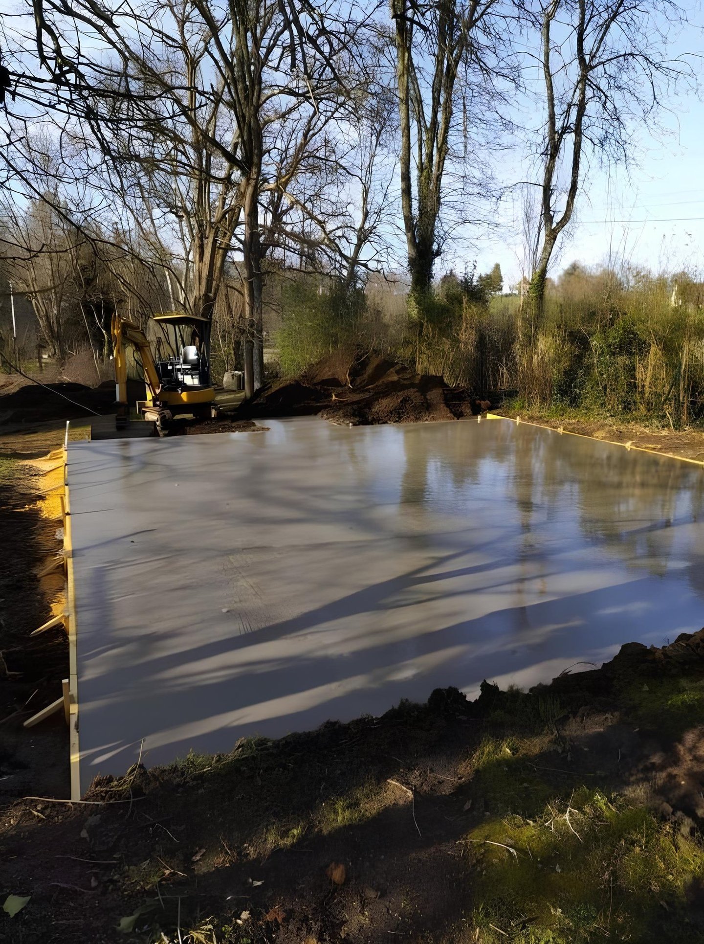 A freshly poured wet concrete slab foundation at a construction site with an excavator in the background.