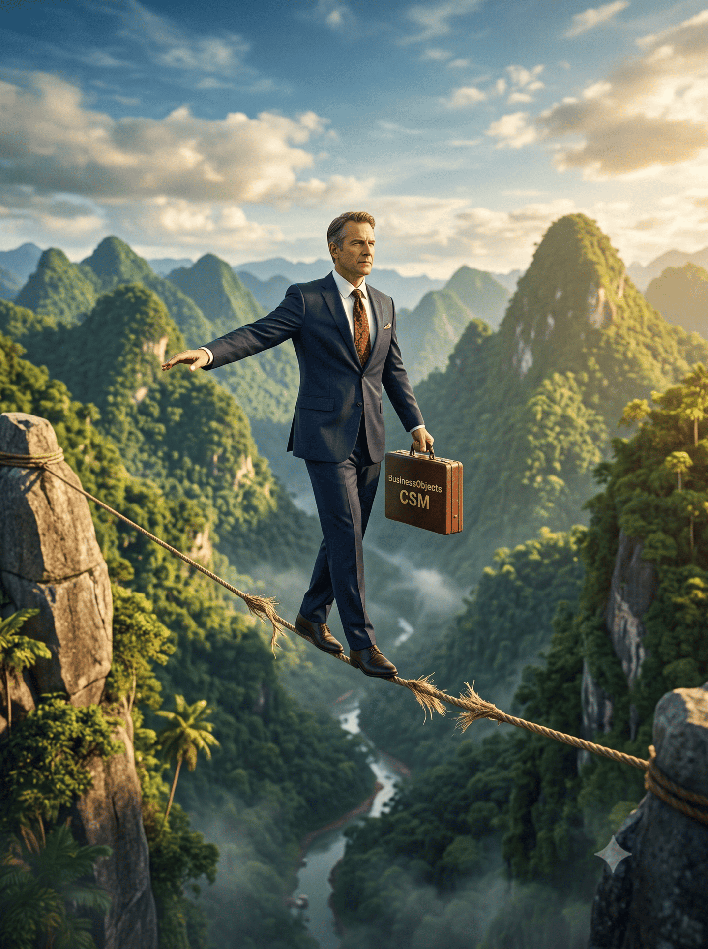 Businessman in suit walking a tightrope between tropical mountains carrying a BI 4.3 briefcase — rep