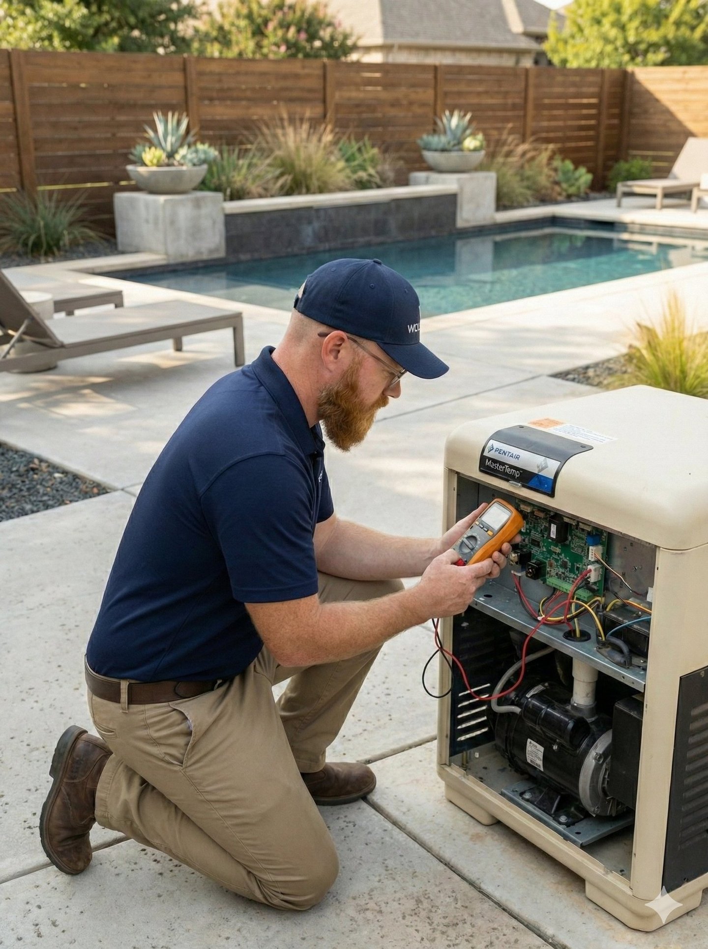 Pool Pool technician diagnosing a pool heater to identify the root cause of heating failure