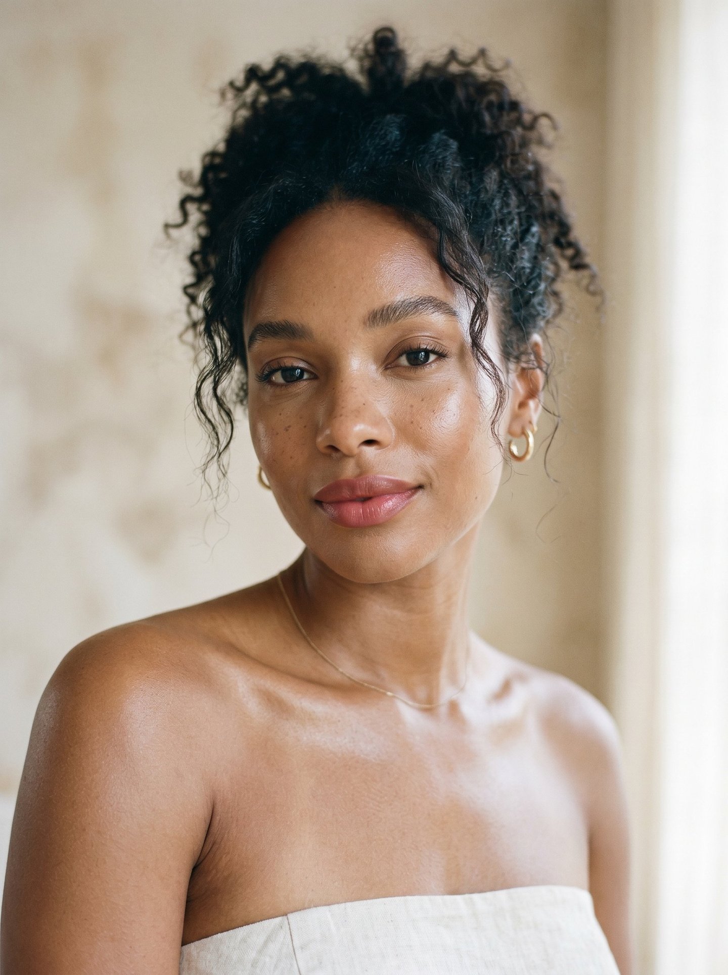 Portrait of a Black woman with glowing skin and curly hair wearing gold hoop earrings and a minimal necklace.