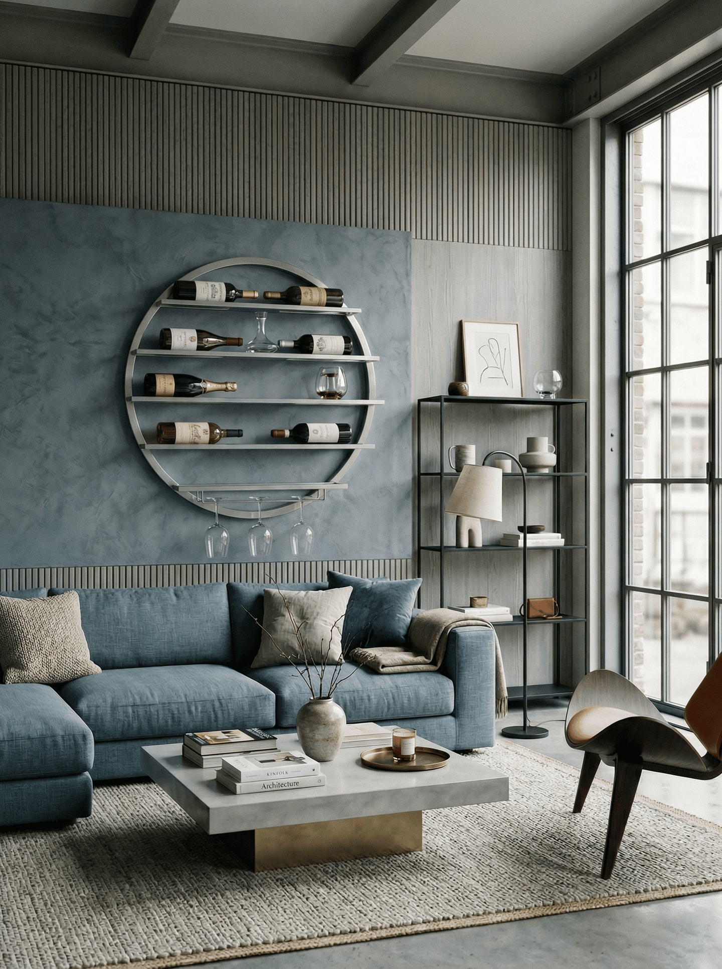 Modern living room featuring a circular wall-mounted wine rack above a blue sofa and marble coffee table.