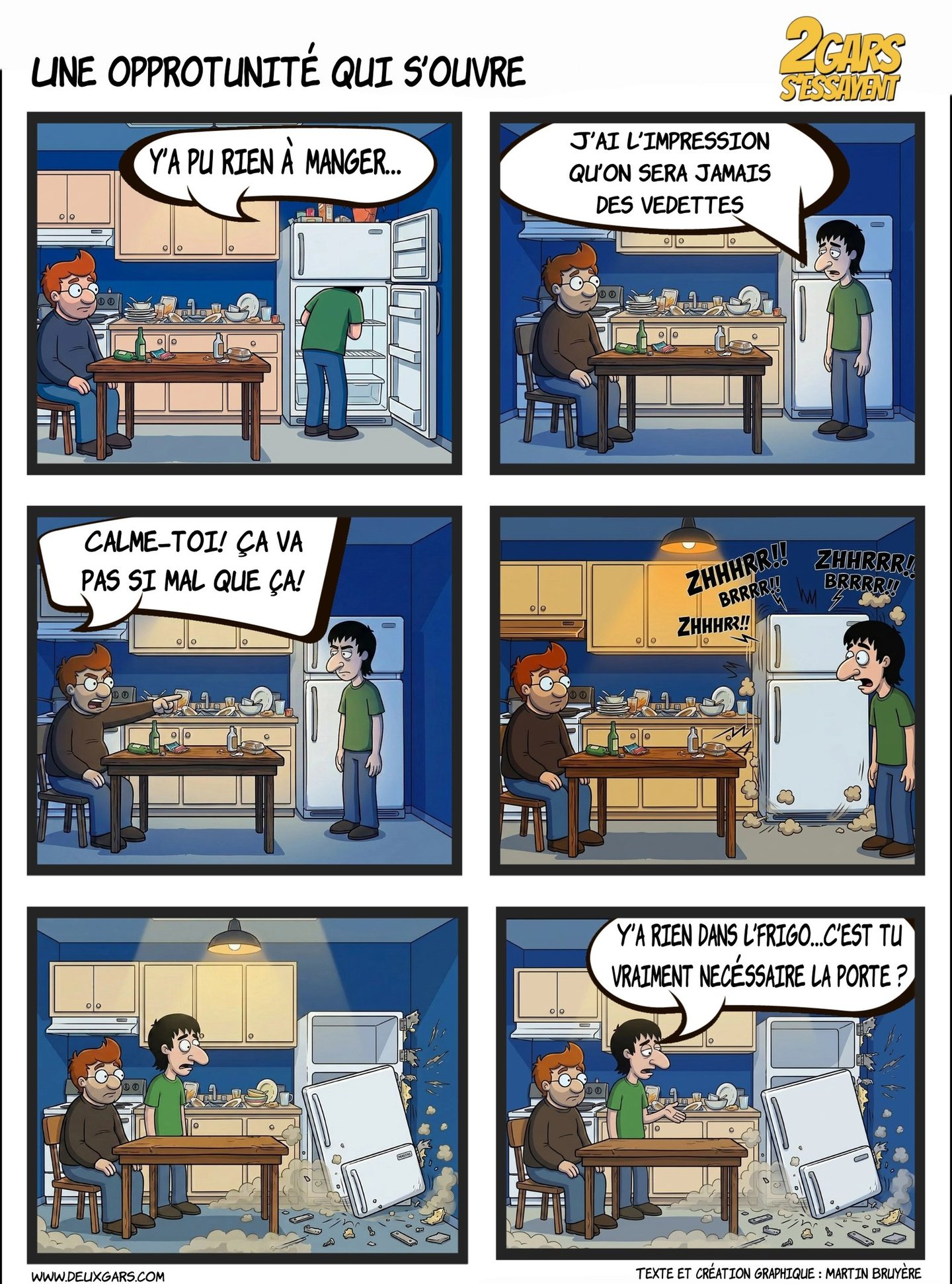 A French comic strip titled 2 Gars S'essayent showing two men in a kitchen with a falling refrigerator door.
