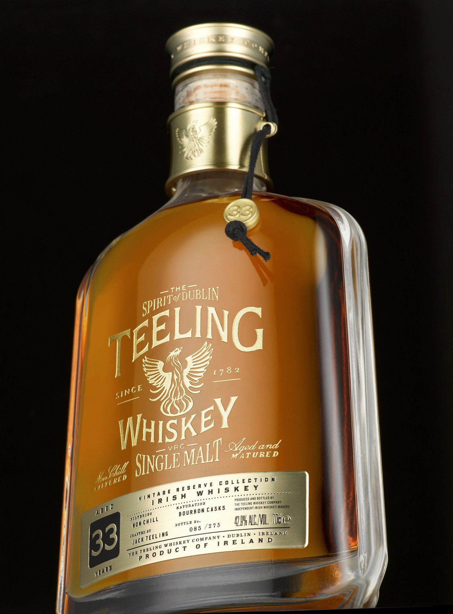 Teeling whiskey bottle on black background 