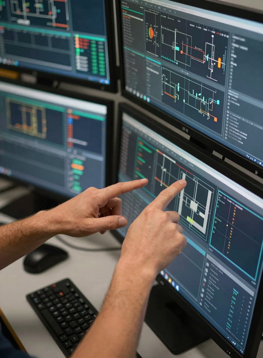 Close-up overhead shot of a technician's hands pointing at a multi-panel operations dashboard on wide monitors, real infrastructure data visible on screens, professional studio lighting, no faces