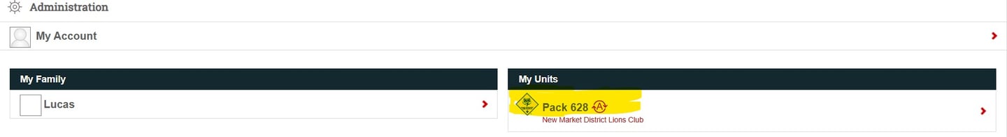 An image of Scoutbook Administration page for My accounts.
