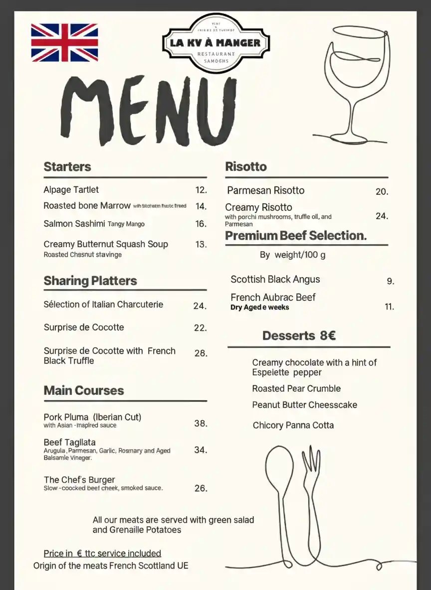 Menu restaurant La KV à manger en anglais
