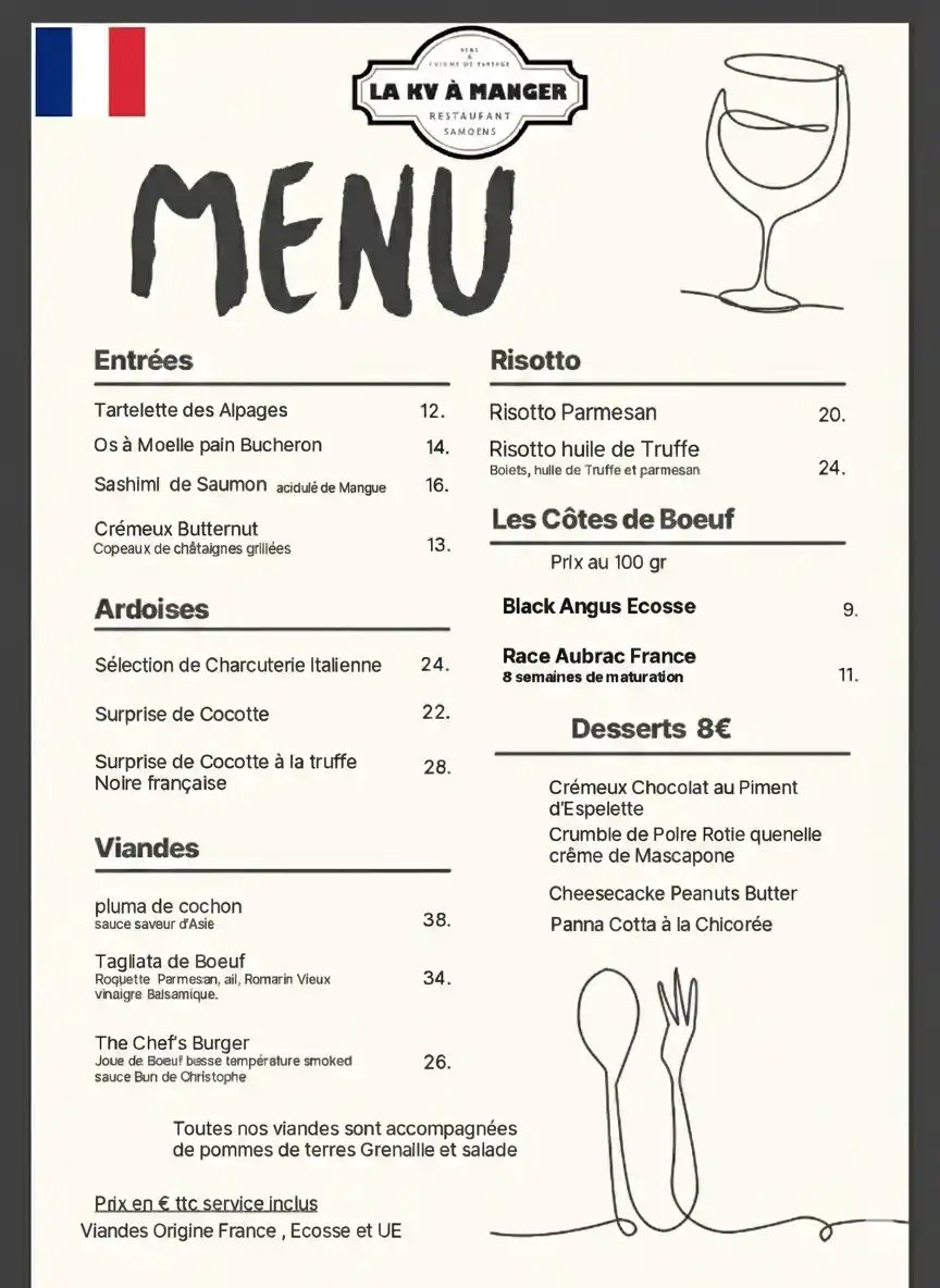 Menu restaurant La KV à manger en français