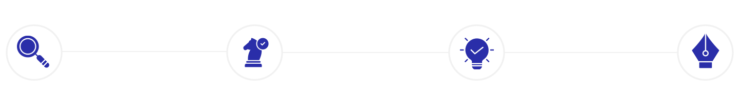 magnifying glass, chess knight, lightbulb, and pen nib. Represented in creative process icons sets.