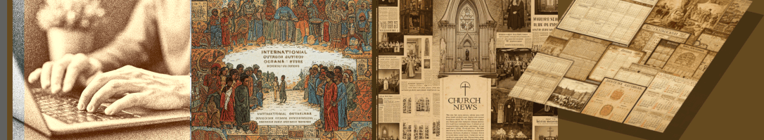 Collage of hands typing, diverse peoples, church newz, and calendar