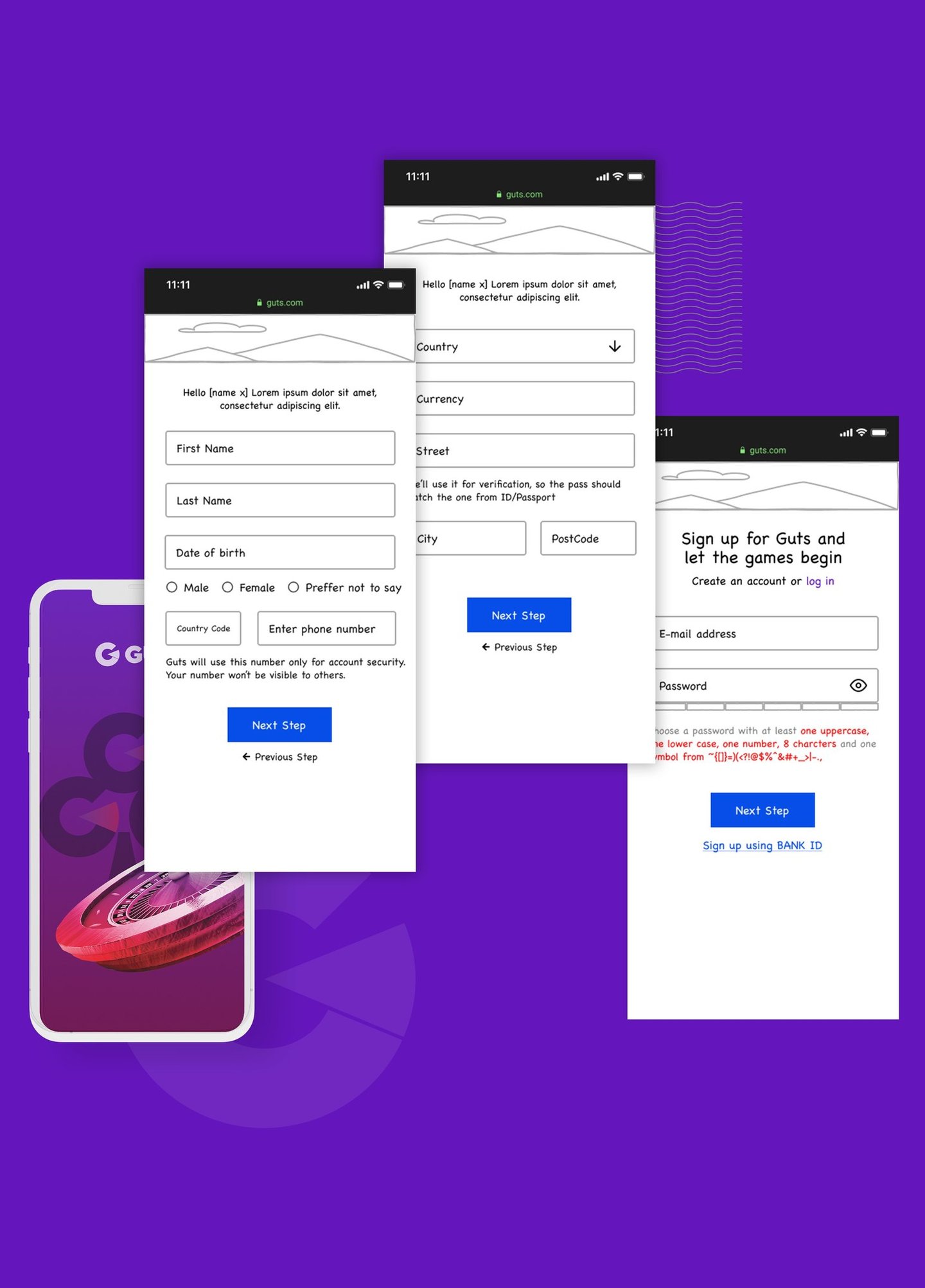 Guts mobile registration—multi-step conversational form screens on purple background