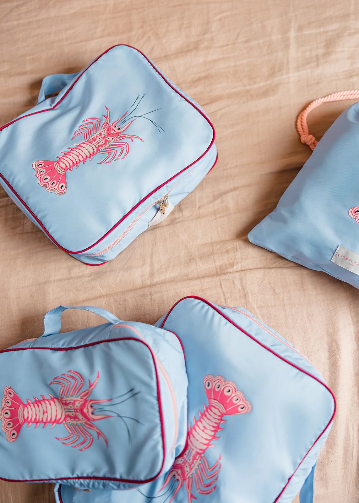 Light blue travel packing cubes with pink lobster embroidery on a beige linen surface.