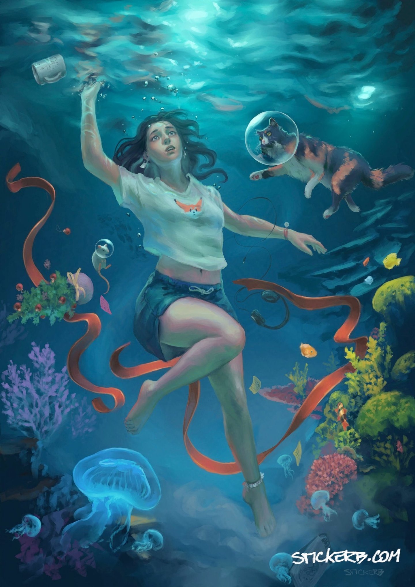 Illustration commission of a girl with her animal companions underwater trying to get out of her own darkness