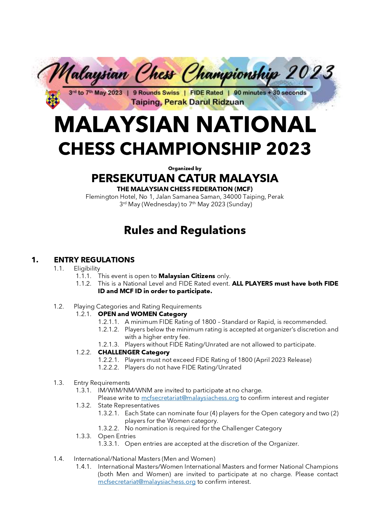 Malaysian Chess Championship 2023. Chess Malaysia. Catur Malaysia. Malaysian Chess Federation