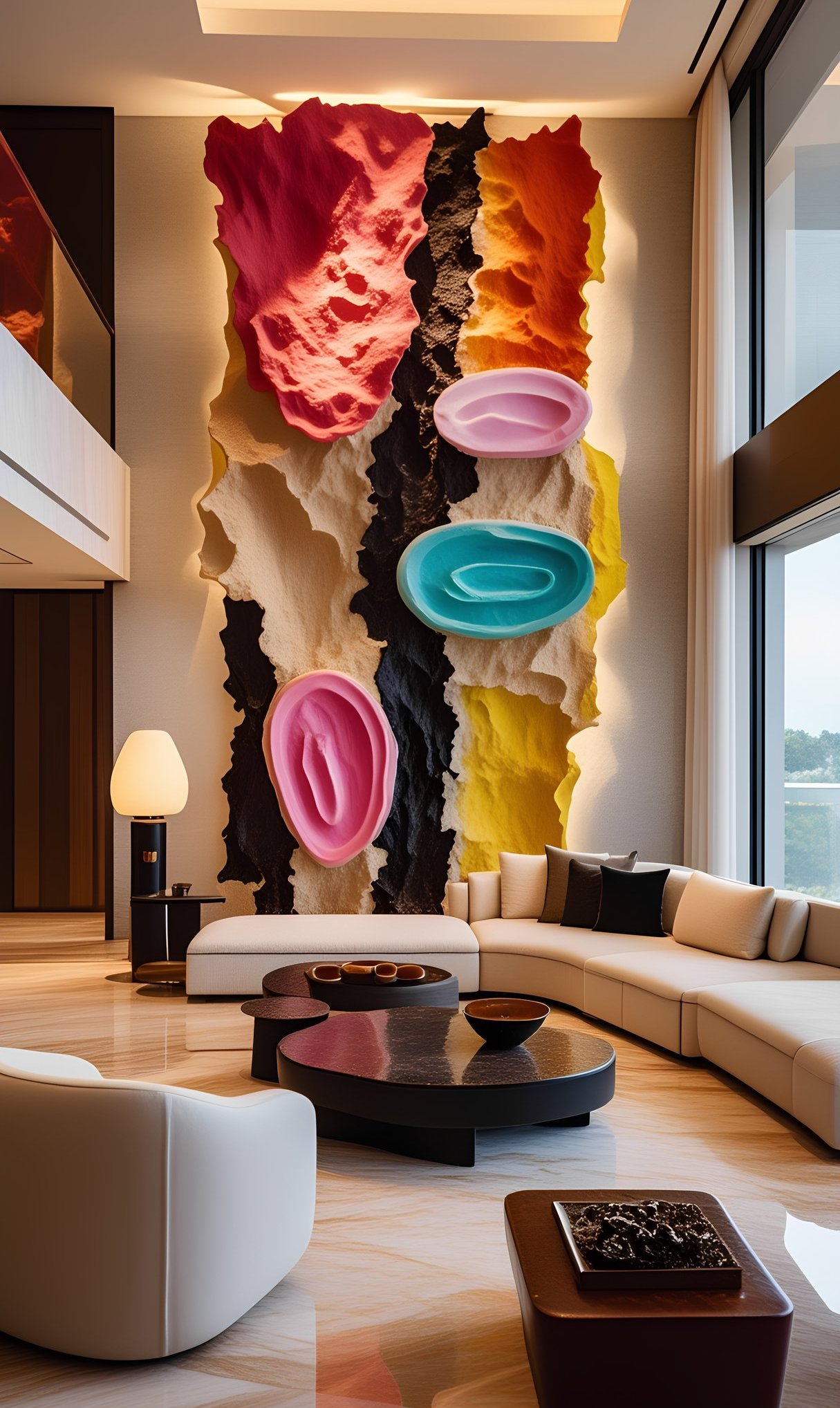 Mural 3D Chromatic Flow de gran formato para lobby — Pedro Alonso Studio.