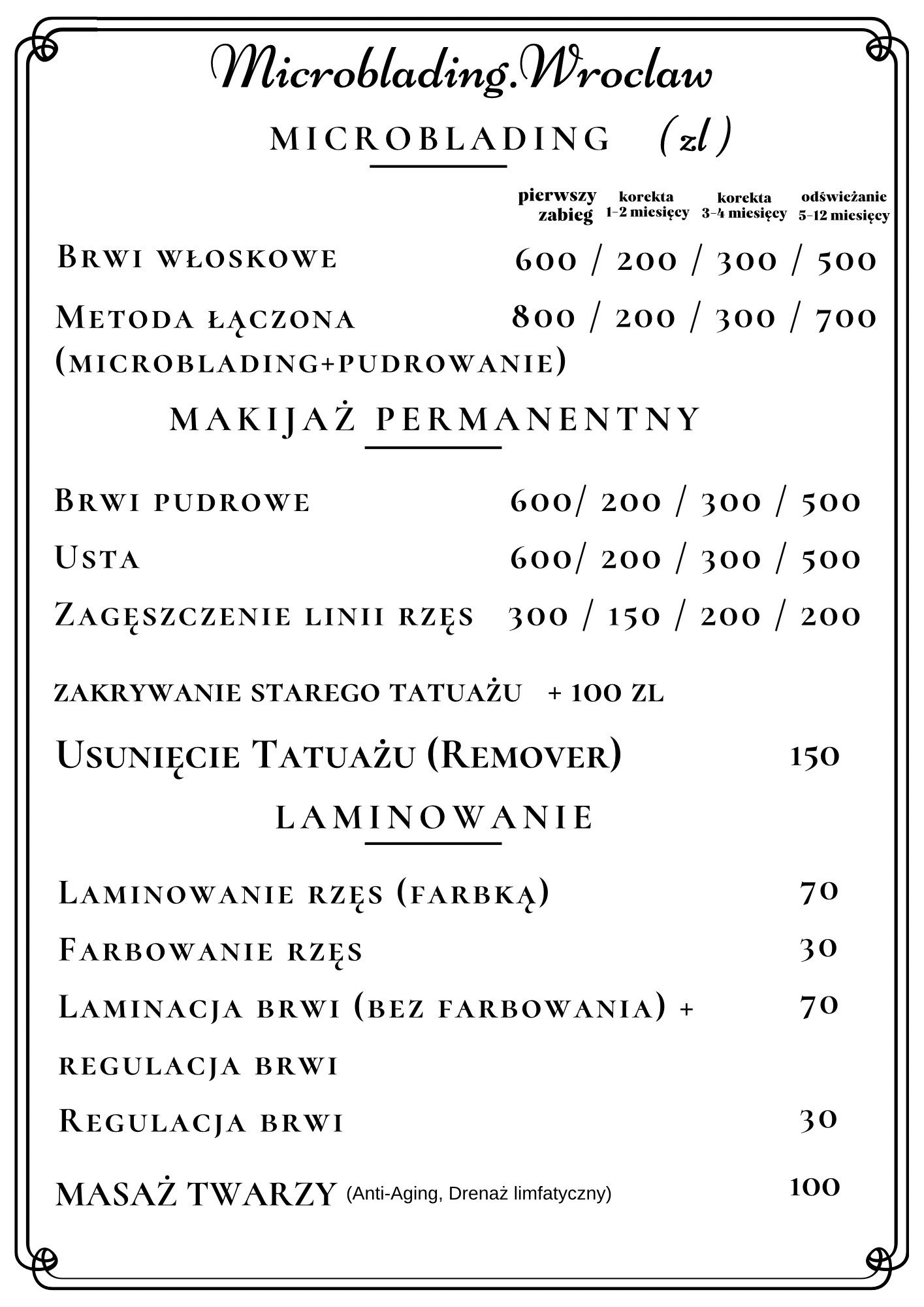 Cennik zabiegów makijażu permanentnego we Wrocławiu 