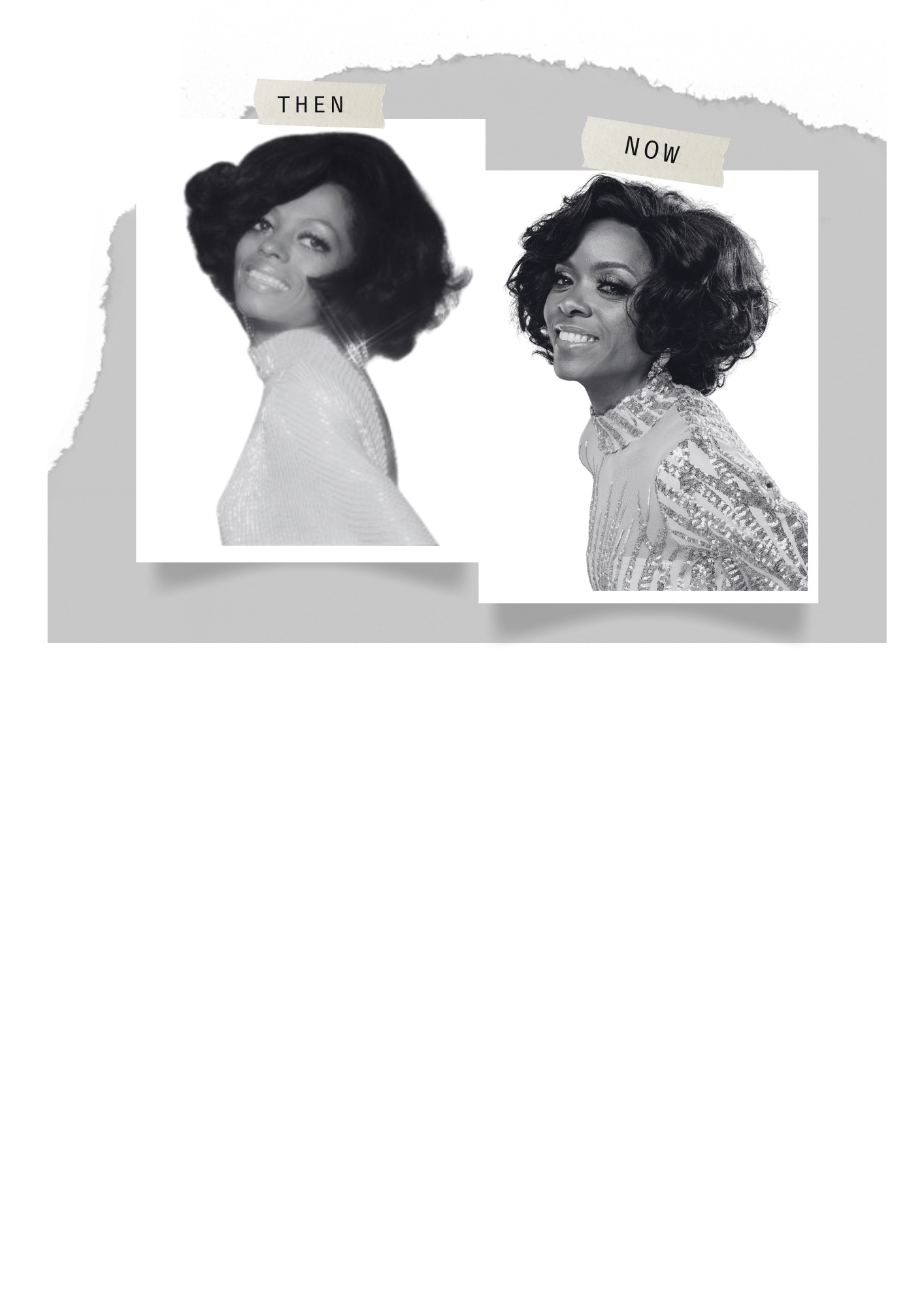 a woman with a black and white photo of two women and below is a woman in red dress with a man.