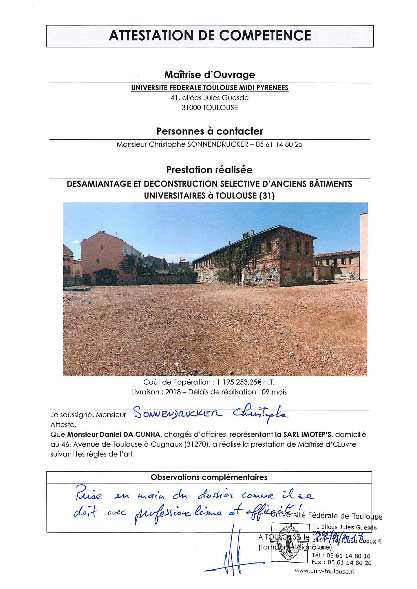 Attestation de compétence maitre d'œuvre de déconstruction