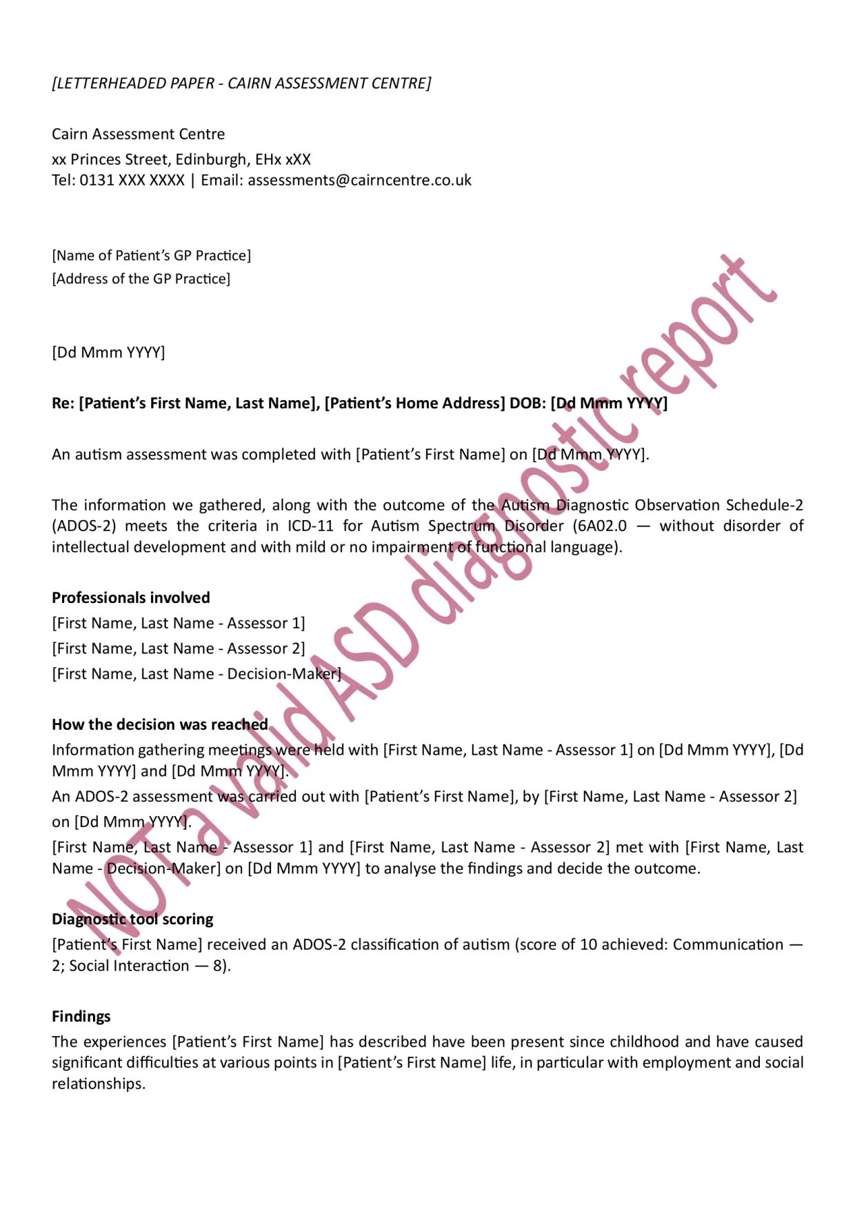 Redacted example of an illegitimate autism diagnostic report in Scotland - page 1 of 2.