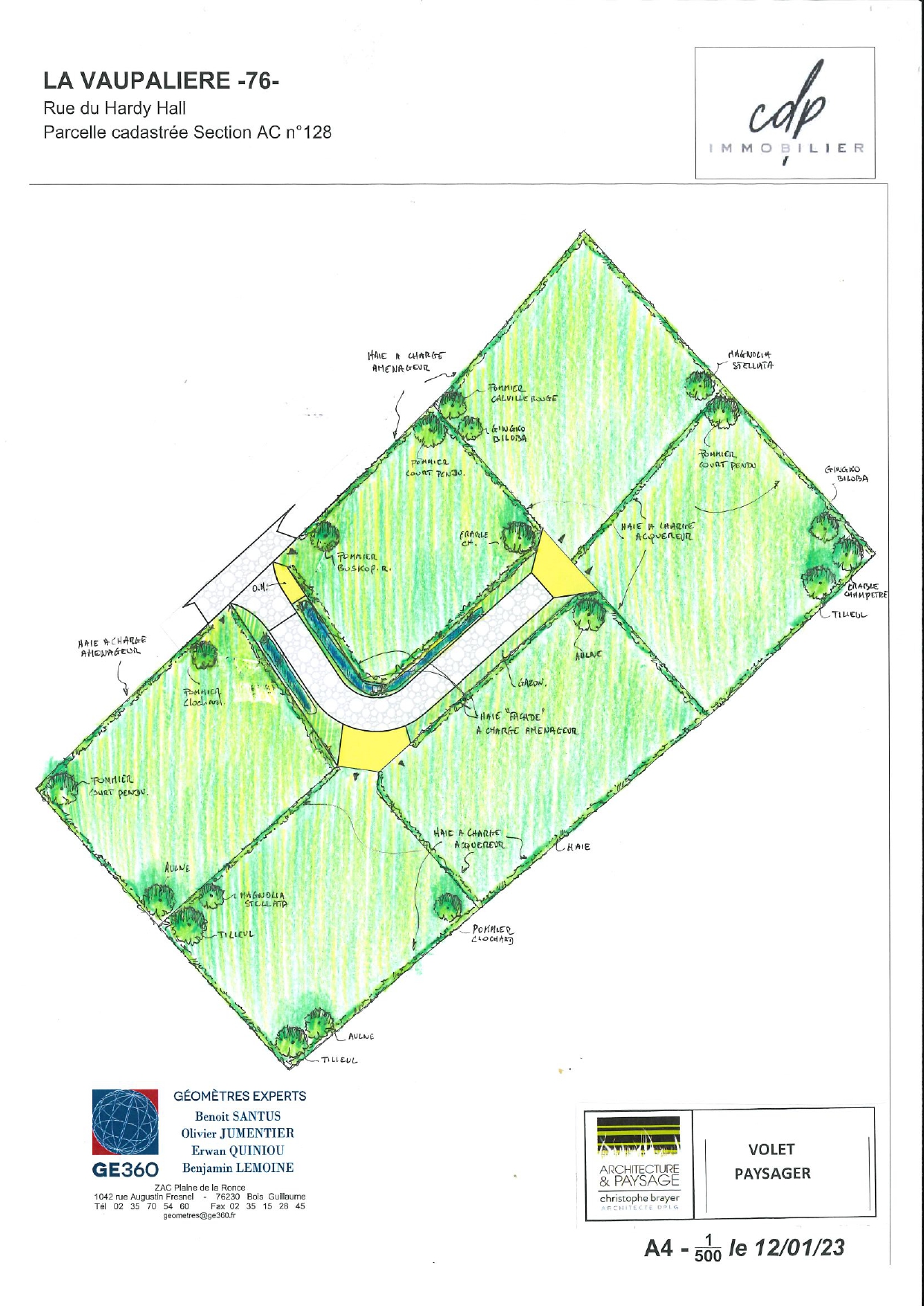 Plan masse paysager du lotissement Le Clos du Pressoir présentant l'organisation des 6 terrains, les