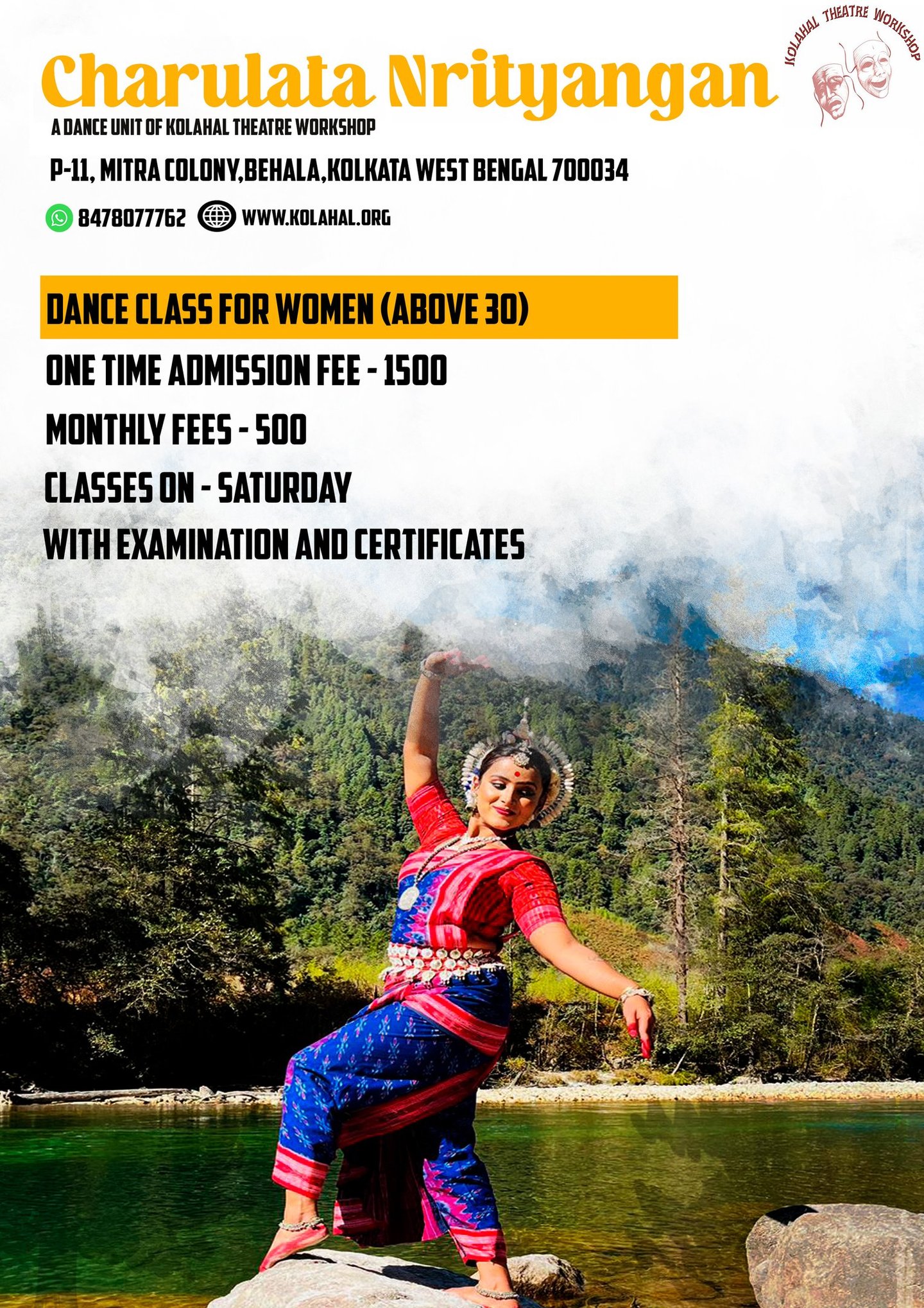 An Indian classical dancer performing Odissi in a mountain landscape for Charulata Nrityangan dance classes.