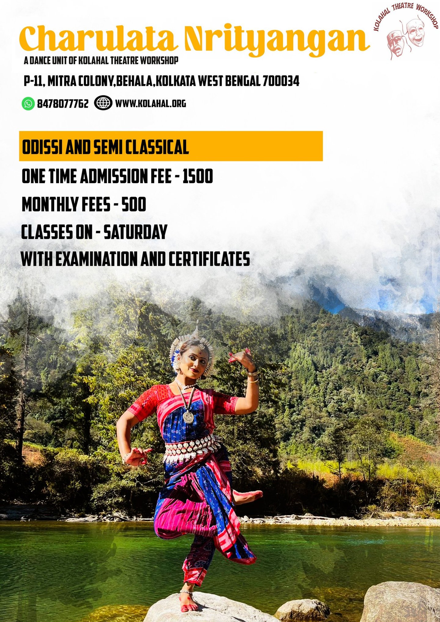 Odissi dance classes at Charulata Nrityangan in Kolkata featuring a dancer in traditional attire.