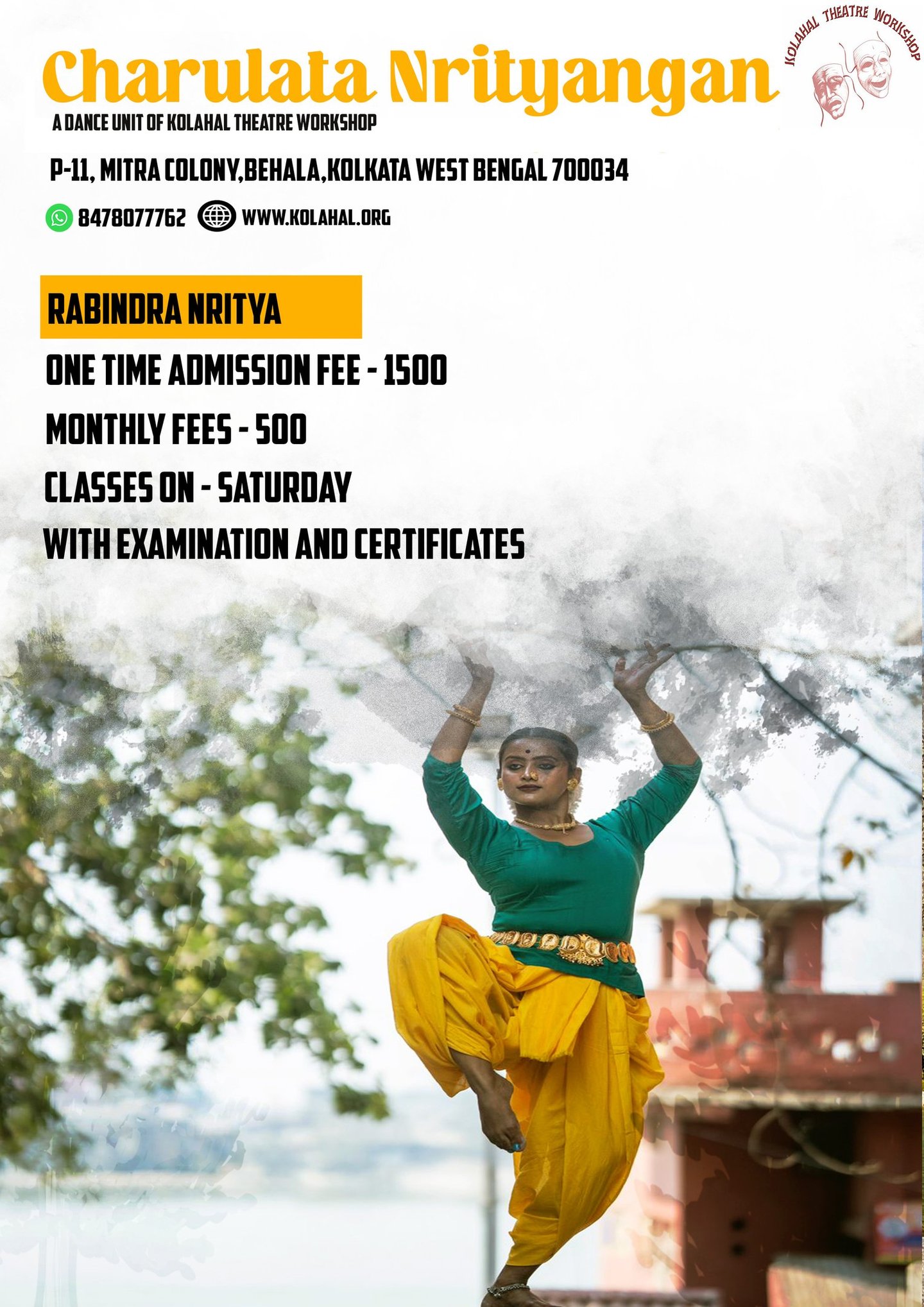 A poster for Charulata Nrityangan dance school in Kolkata featuring a Rabindra Nritya dancer.
