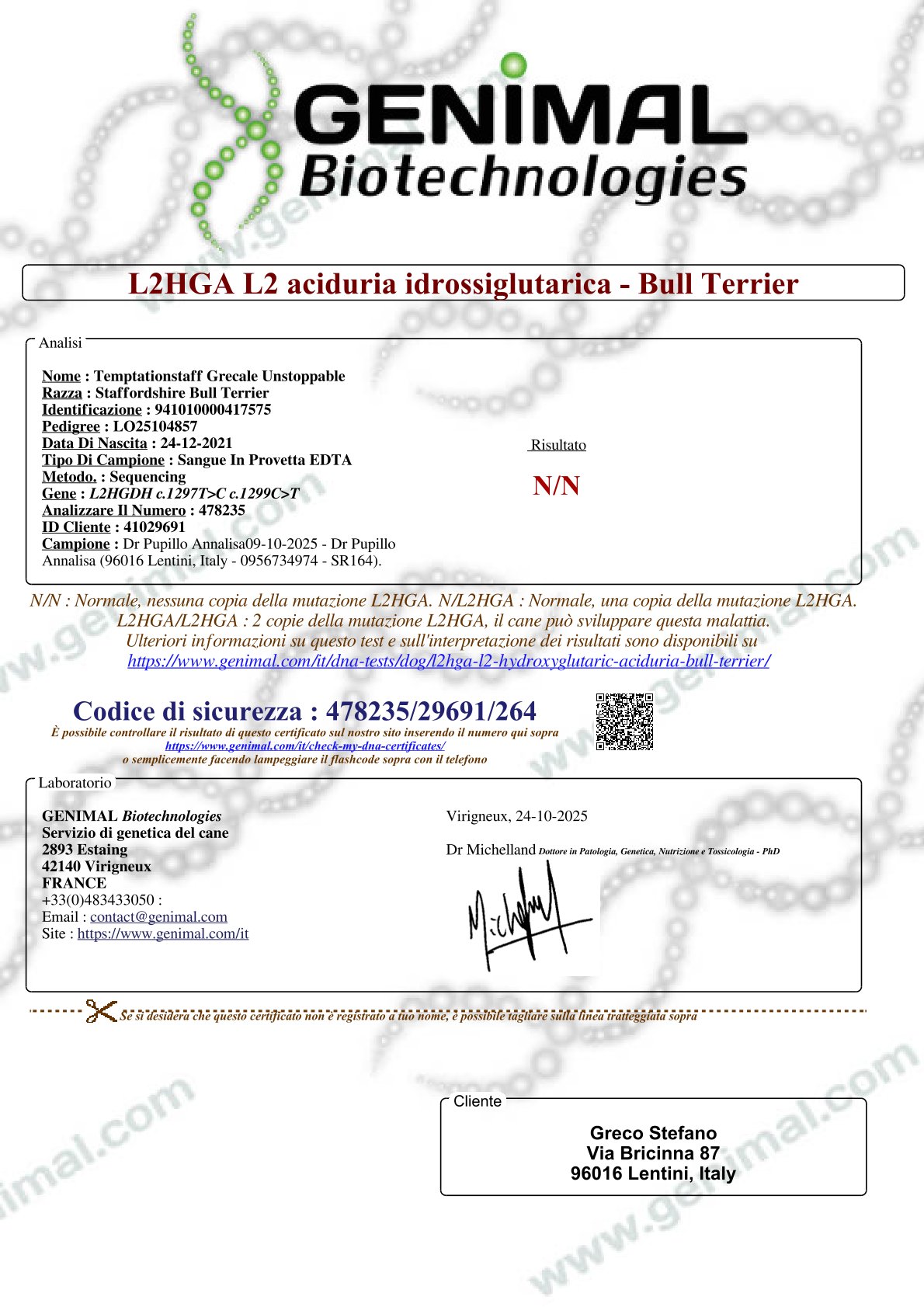 Certificato DNA Genimal esente N/N L2HGA. Test genetici riproduttori Staffy Grecalestaffs.