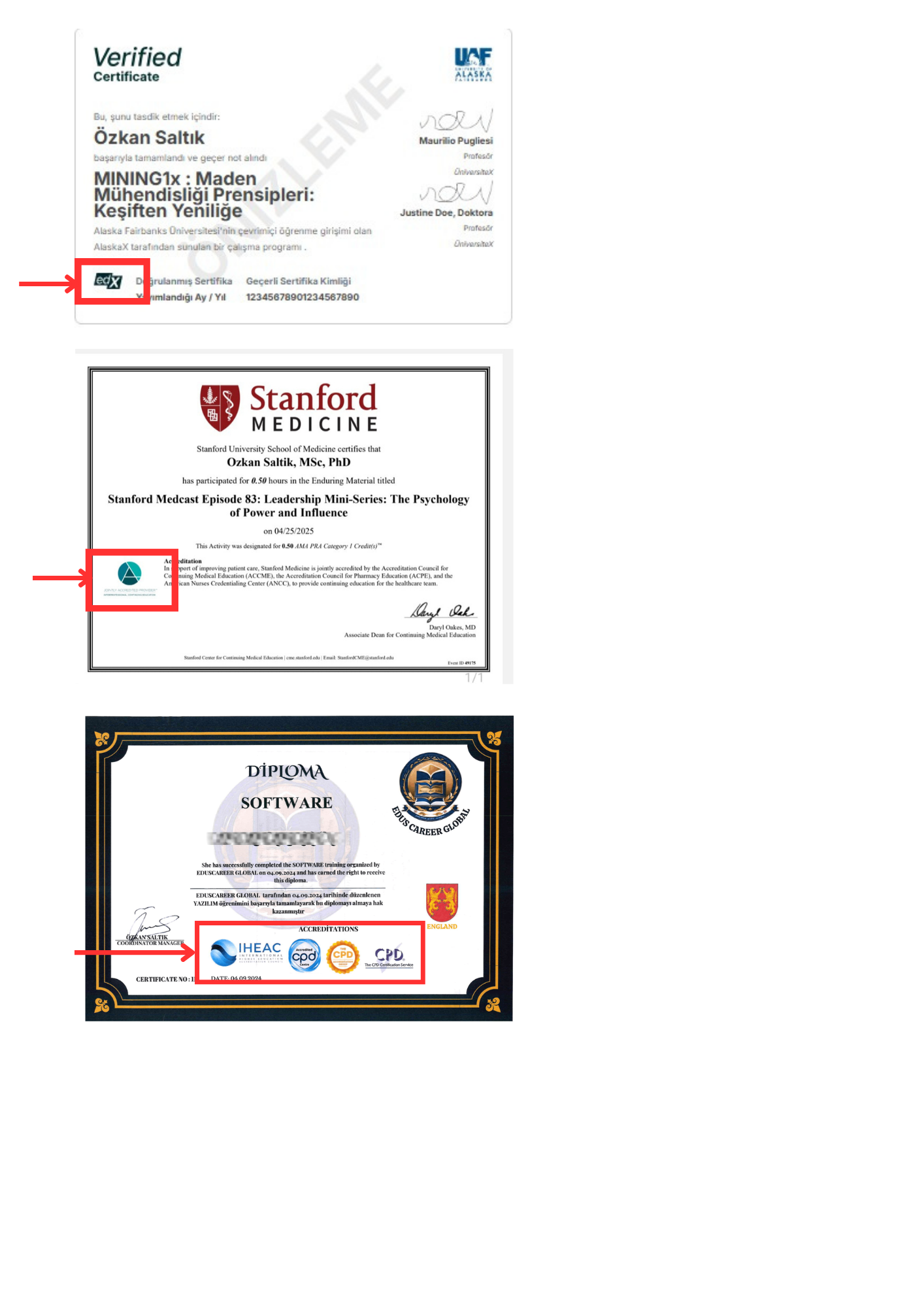 Professional educational certificates from Stanford Medicine, edX, and IHEAC highlighting medical and software credentials.