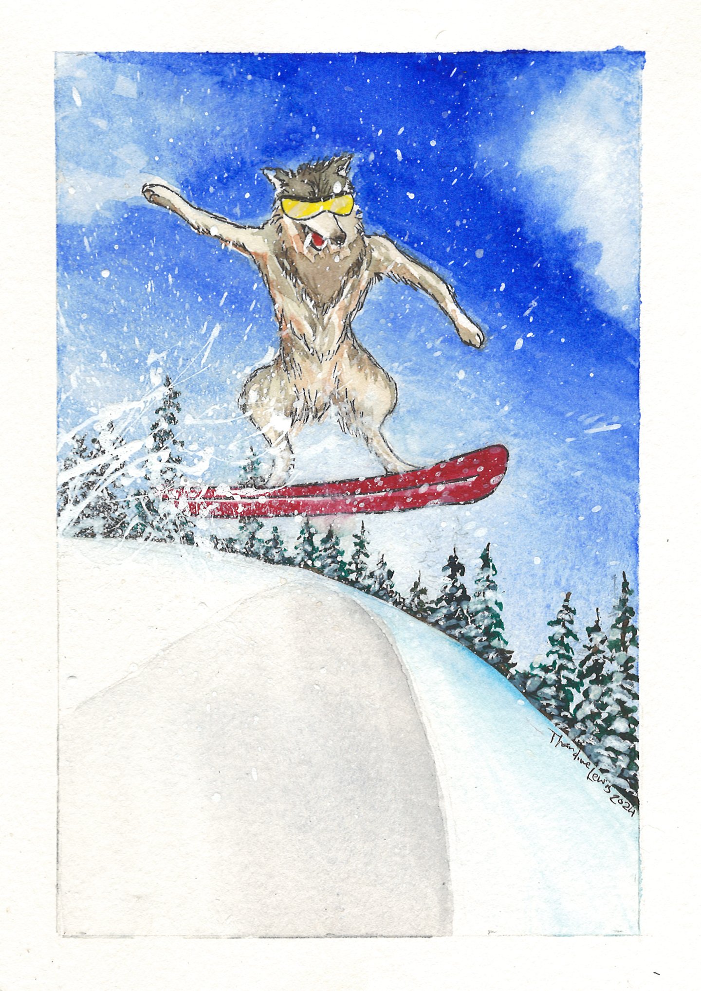 a wolf is riding on a snowboard