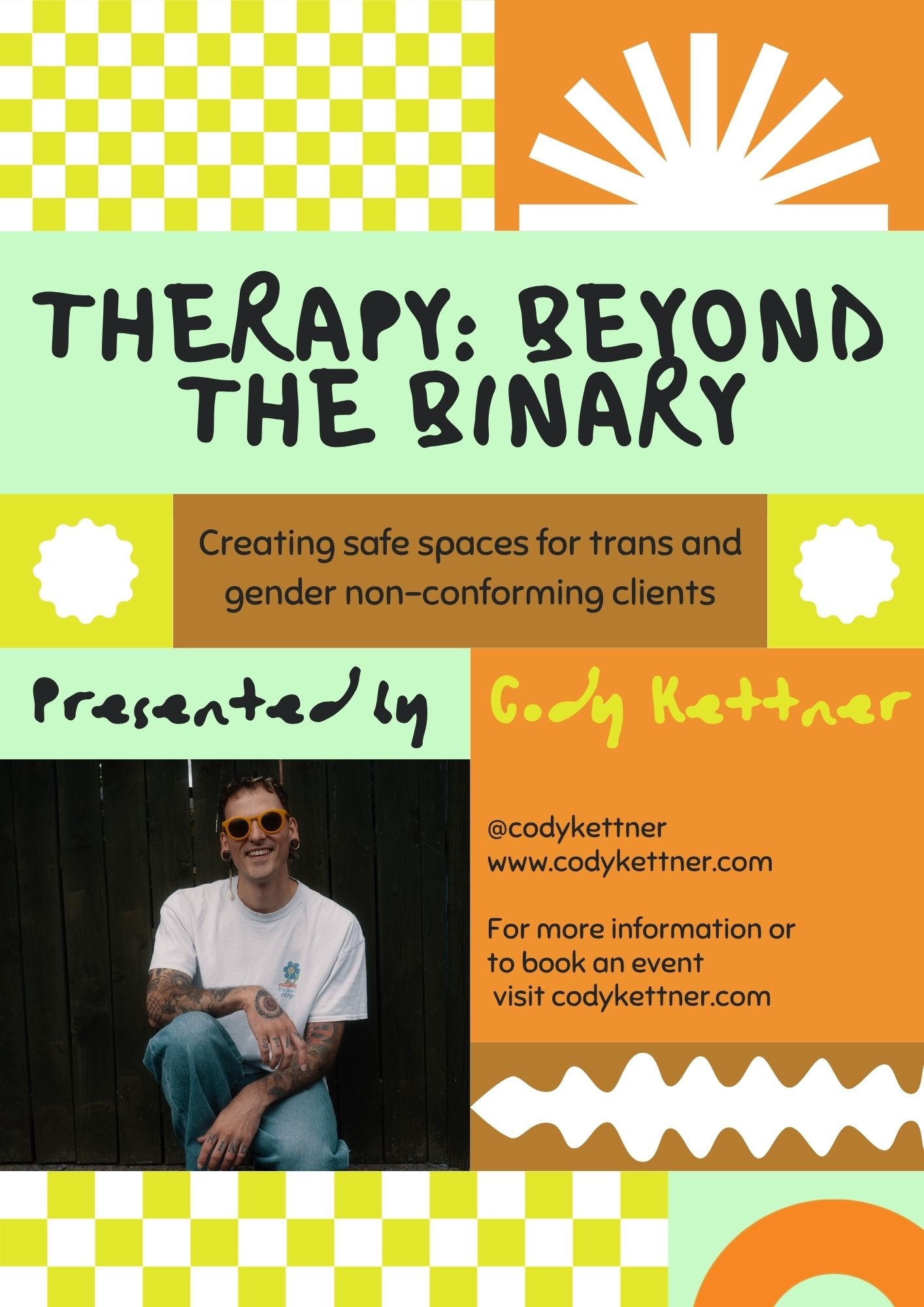 Flyer advertising Therapy: Beyond the Binary with neon coloured patterns and contact information