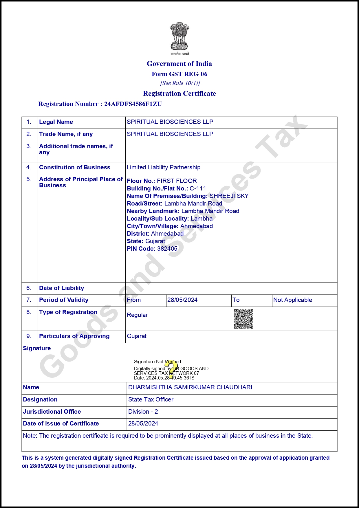 GST Registration certificate of Spiritual Biosciences LLP