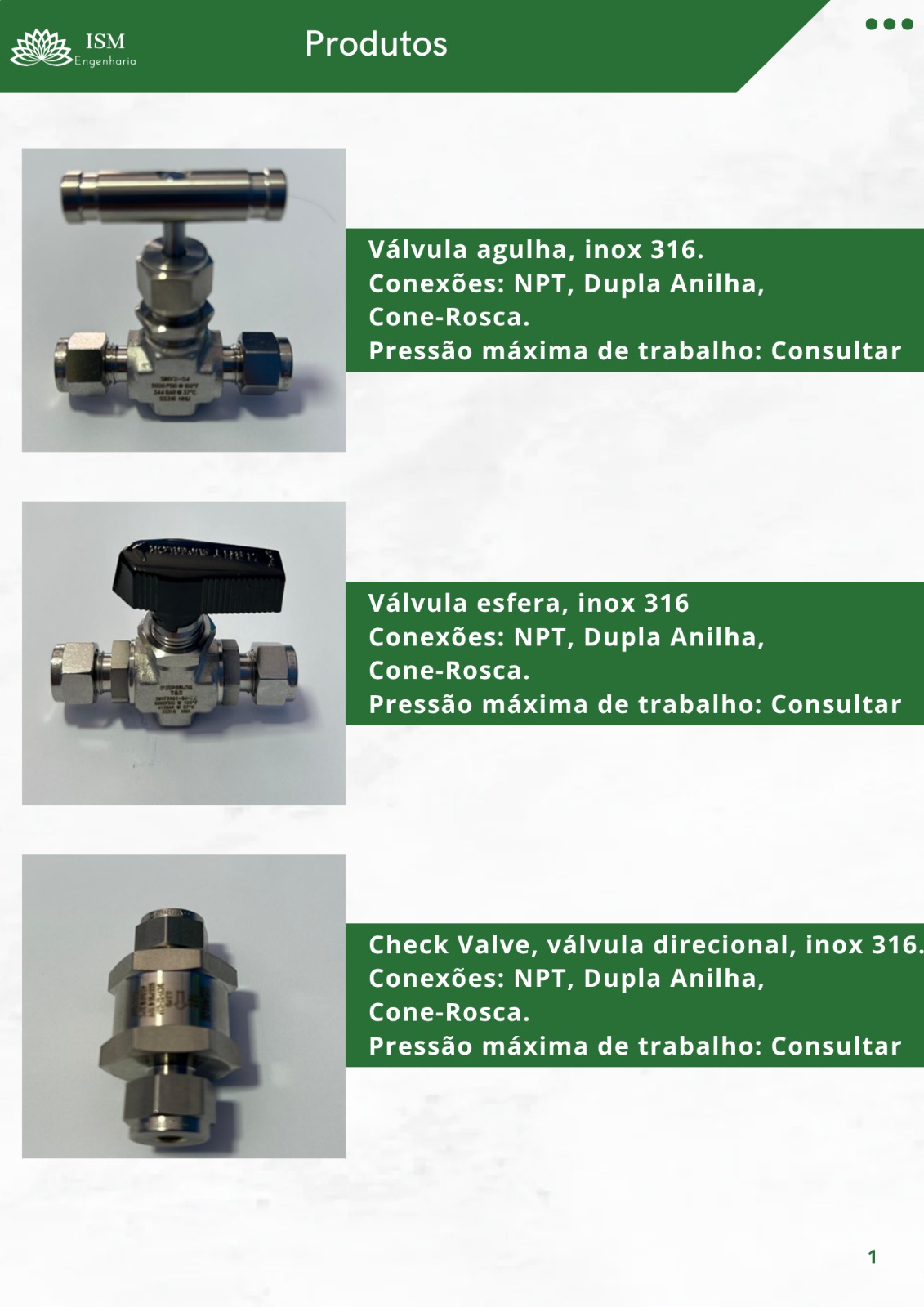 Catálogo de válvulas de aço inox 316: agulha, esfera e check valve com conexões NPT.